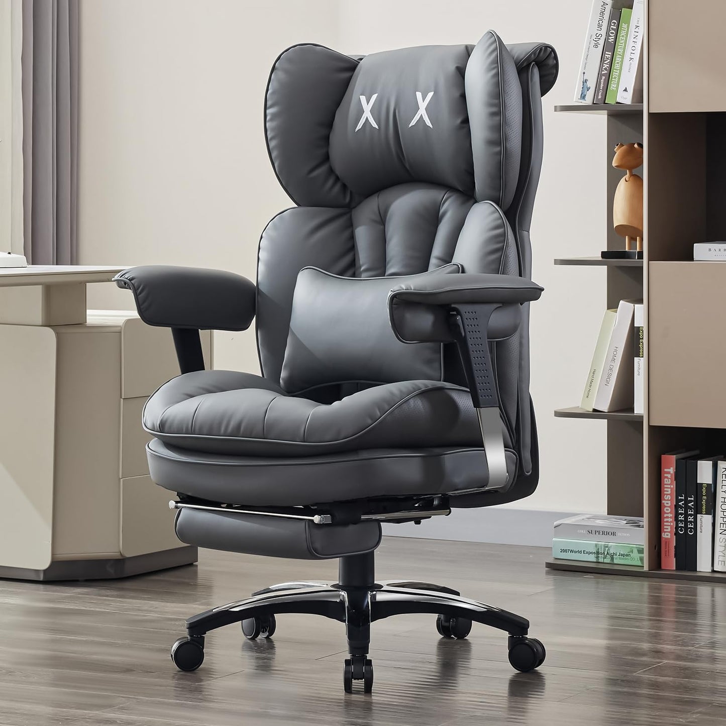 Efomao Office Chair, X Embroidery Big and Tall PU Leather Chair for Home, Adjustable High-Backed Computer Gaming Chair, 200 kg Rotating Executive Chair with Footrest and Lumbar Support, Olive Green