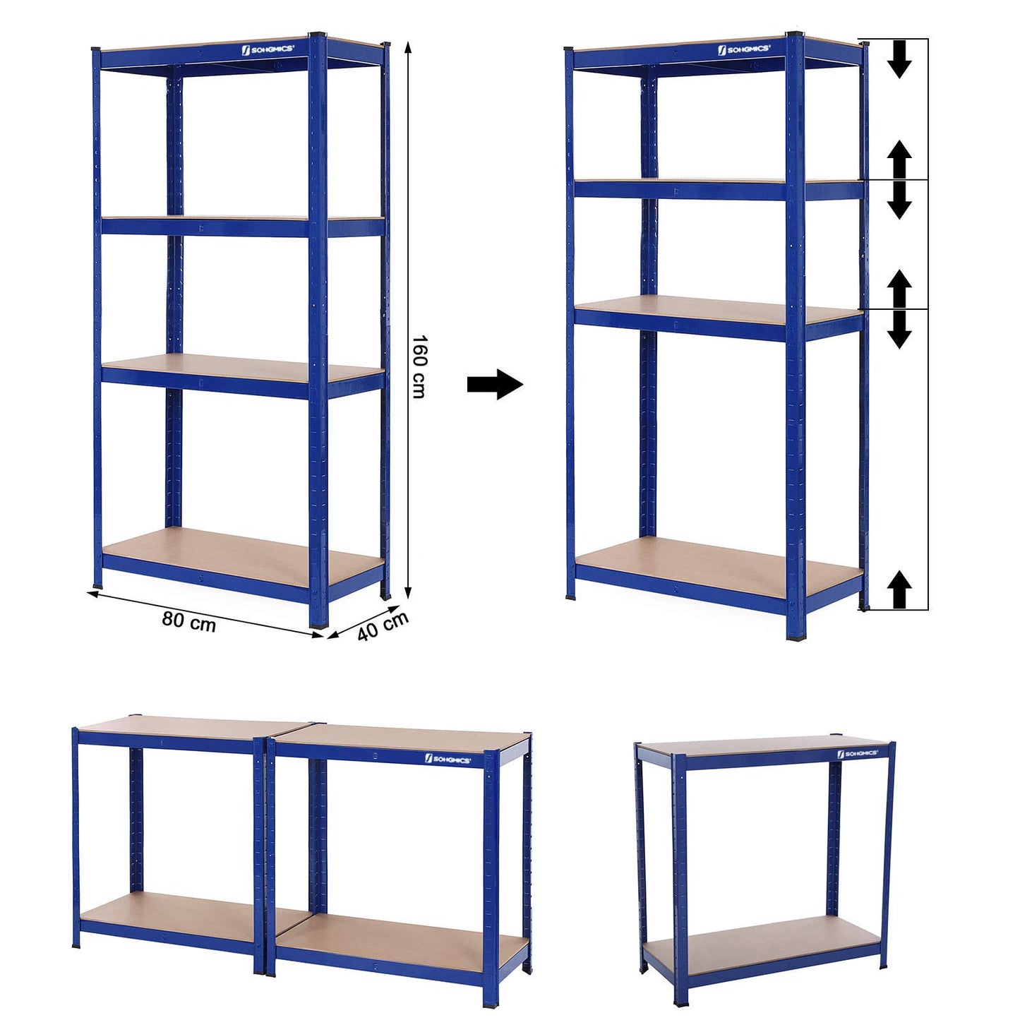 SONGMICS Heavy Duty Shelving Unit Set of 2 Cellar Shelves Storage Shelves 40 x 80 x 160 cm Shelf with Steel Frame Maximum Load 520 kg 4 Adjustable Shelves Silver GLR044E02