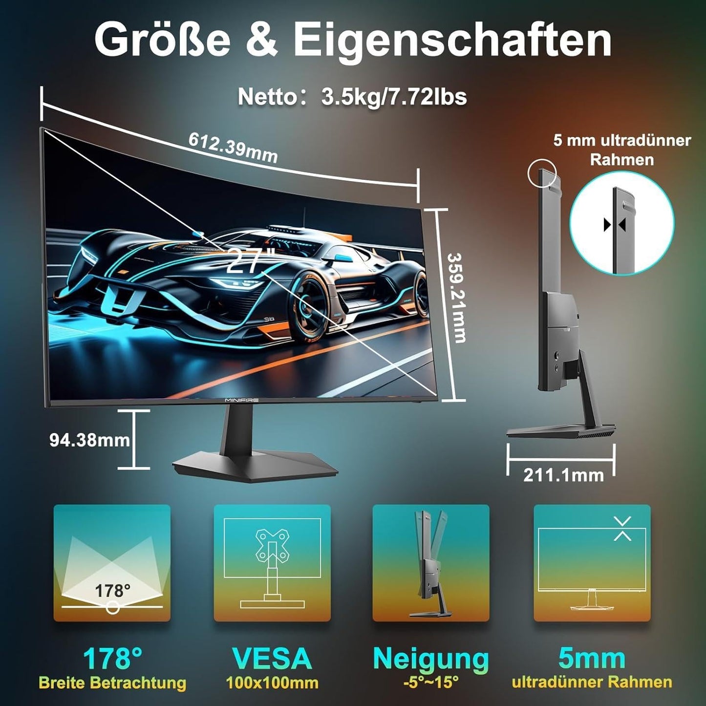 Minifire Curved Monitor 27 Inch 100Hz, PC Screen with Speaker -1500R FHD (1920 x 1080p) VA Panel, MPRT 1ms, sRGB110%, Less Blue Light, HDMI 1.4, Type-C 2.5W, Supports VESA - Black