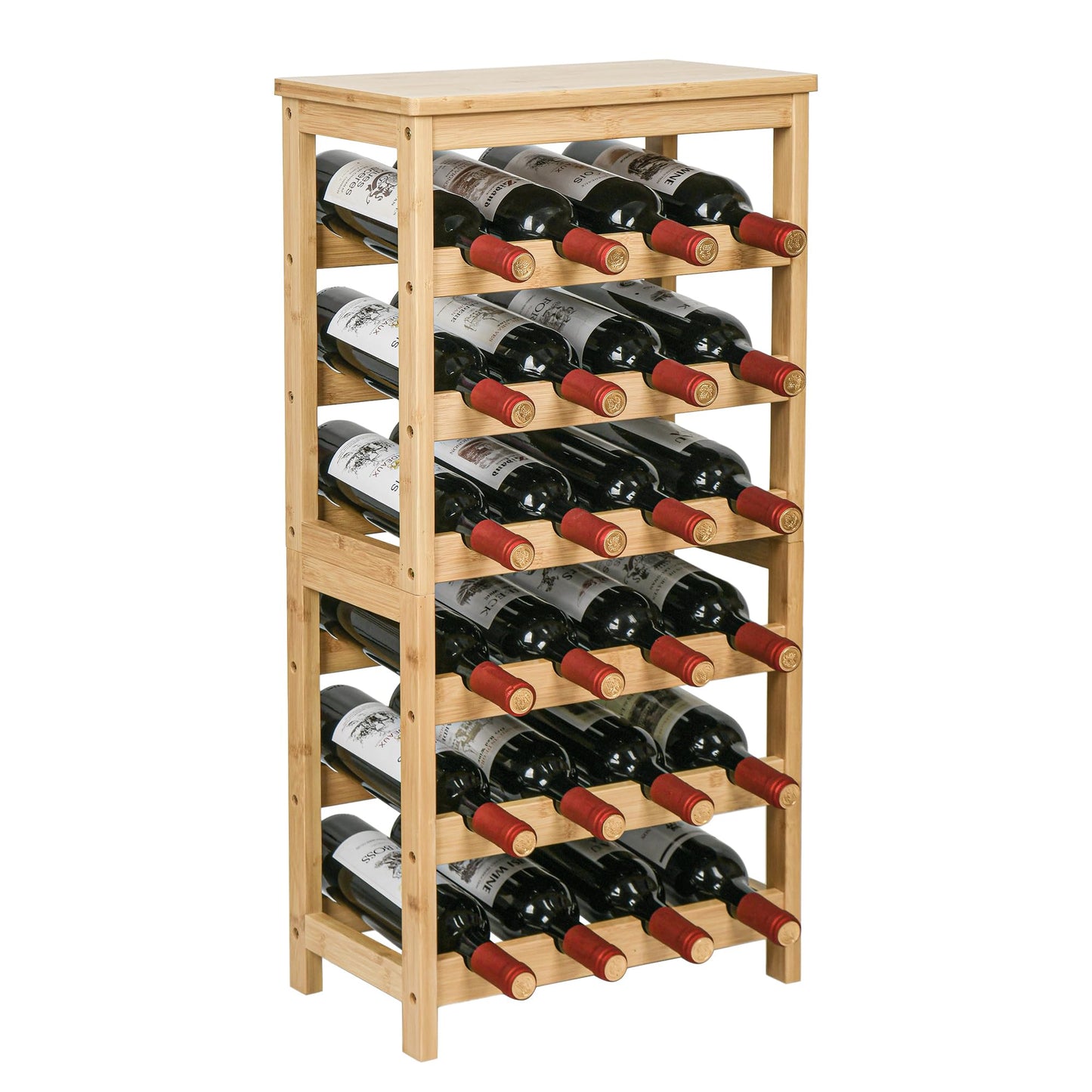 VASMIA Bamboo Wine Rack for 24 Bottles, Bottle Rack with 6 Levels for Cellar, Kitchen, Bar, Dining Room, Bottle Holder Wood with Table Top 41 x 24 x 81 cm, Natural