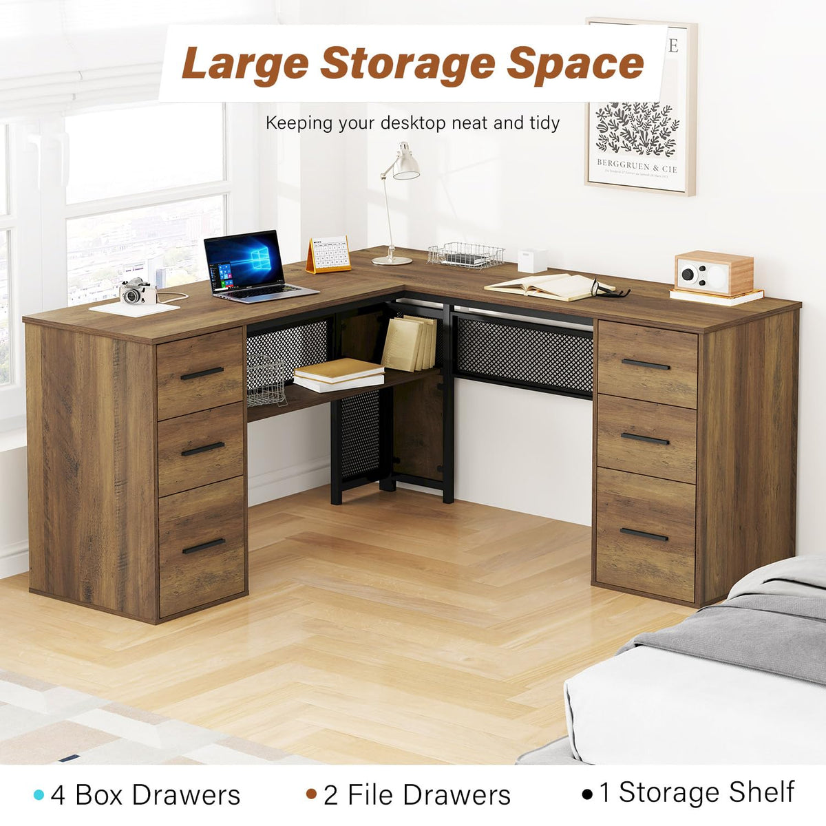 HSH L Shape Desk with Storage Space, Large Corner Desk, Computer Desk with Drawers and Shelves, Home Office, Bedroom, Metal, Wood Desks, Light Grey Oak, 150 cm