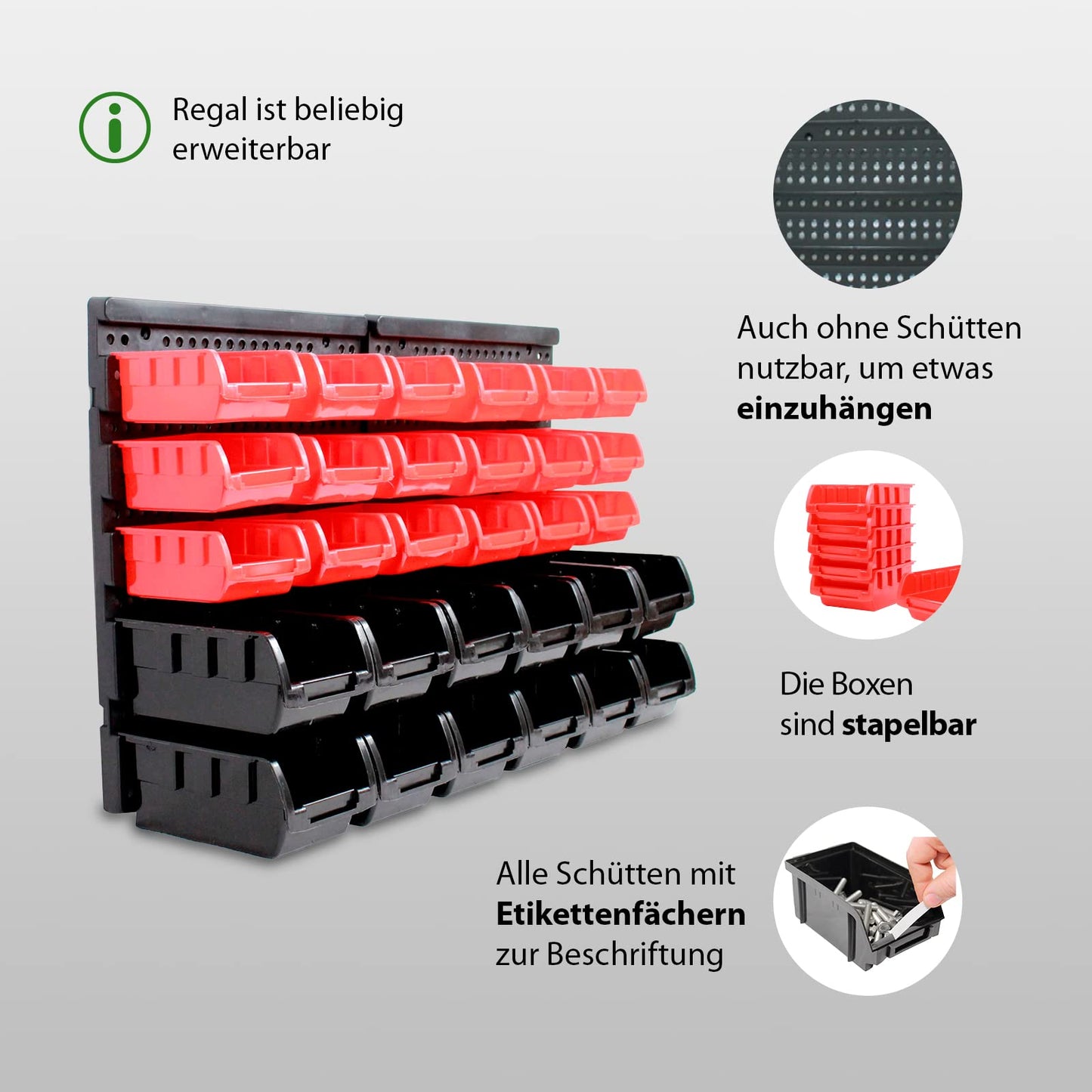 TRUTZHOLM Stacking Boxes with Wall Shelf, 32 Pieces, Small Parts Magazine, Storage Shelf, Assortment Box, Boltless Shelf, Sorting Boxes, Pours with Label Compartment (Red)