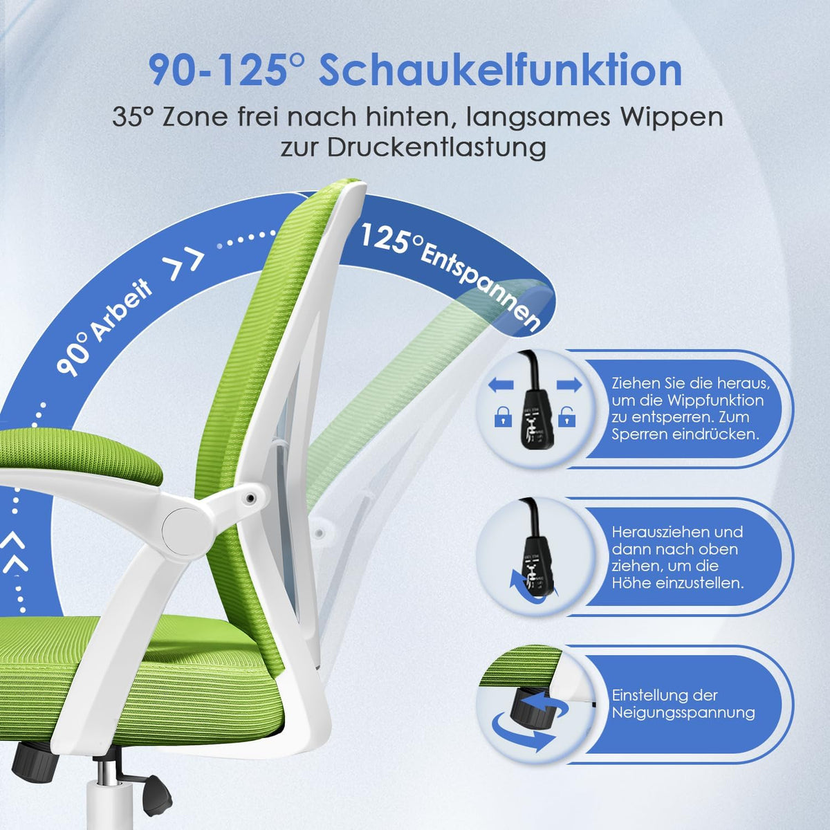 Hinonde Office Chair, Desk Chair with Folding Armrests and Rocker Function, 360° Swivel Chair, Height-Adjustable Office Chair, Ergonomic Home Office Chair with Breathable Mesh, Up to 150 kg