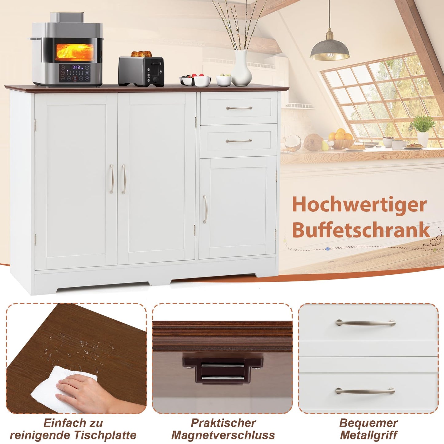 GOPLUS Sideboard Kitchen, Kitchen Cabinet with Doors & 2 Drawers, Buffet Cabinet with Worktop & Adjustable Shelf, Storage Cabinet for Kitchen & Living Room, 100 × 40 × 78 cm (White)