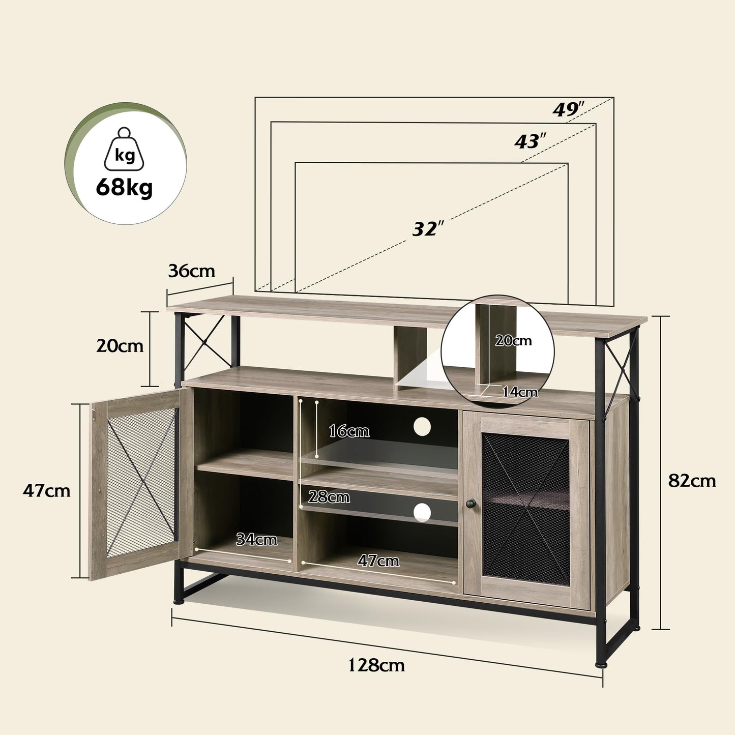 WLIVE Cabinet TV Schrank für Fernseher bis zu 55 Zoll, 128 × 36 × 82 cm Hoch TV Borad Fernsehschrank mit Verstellbaren Ablagen, Fernsehtisch mit Zwei Schränken, TV Tisch für Wohnzimmer