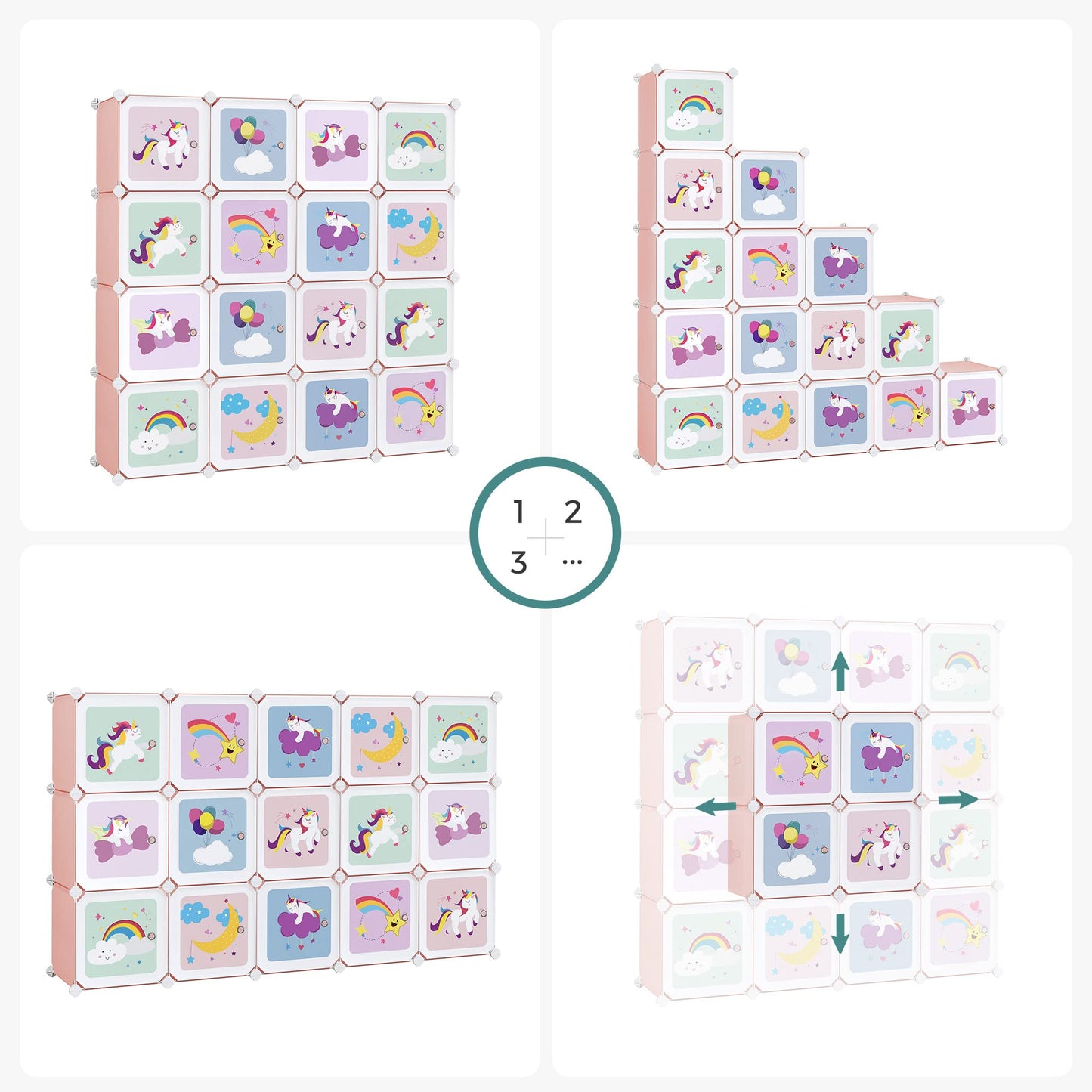 SONGMICS 16 Cube Shelving System, Storage Cabinet for Kids, Wardrobe with Doors, Plastic Shoe Rack, Boltless Shelf, Multipurpose, Shoes, Toy, 123 x 31 x 123 cm, White LPC906W01