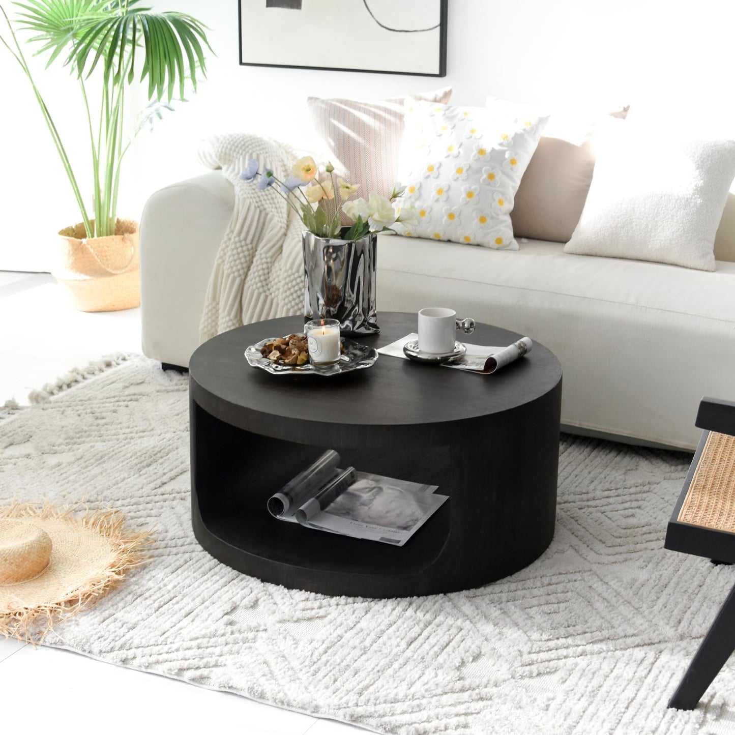 Round Wooden Coffee Table, Living Room Table with Large Storage Space, Coffee Table No Assembly Required, Modern Sofa Table for Living Room, Bedroom, Diameter 80 x 36 cm, Coffee Table (Black)