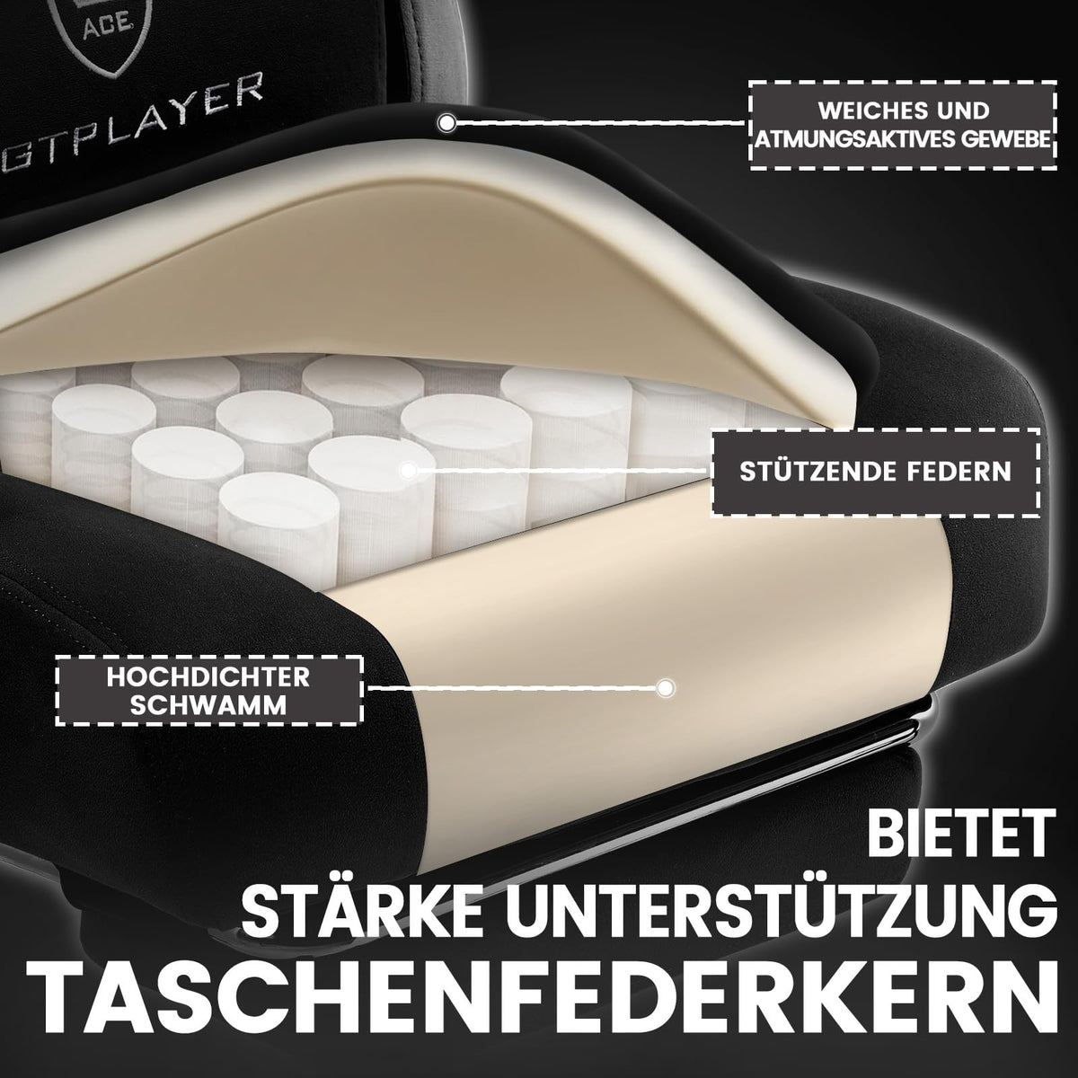 GTPLAYER Gaming Chair, Ergonomic Gaming Chair, Desk Chair with Fabric Surface, Spring Seat Cushion, Connecting Armrests and Footrest, Light Black