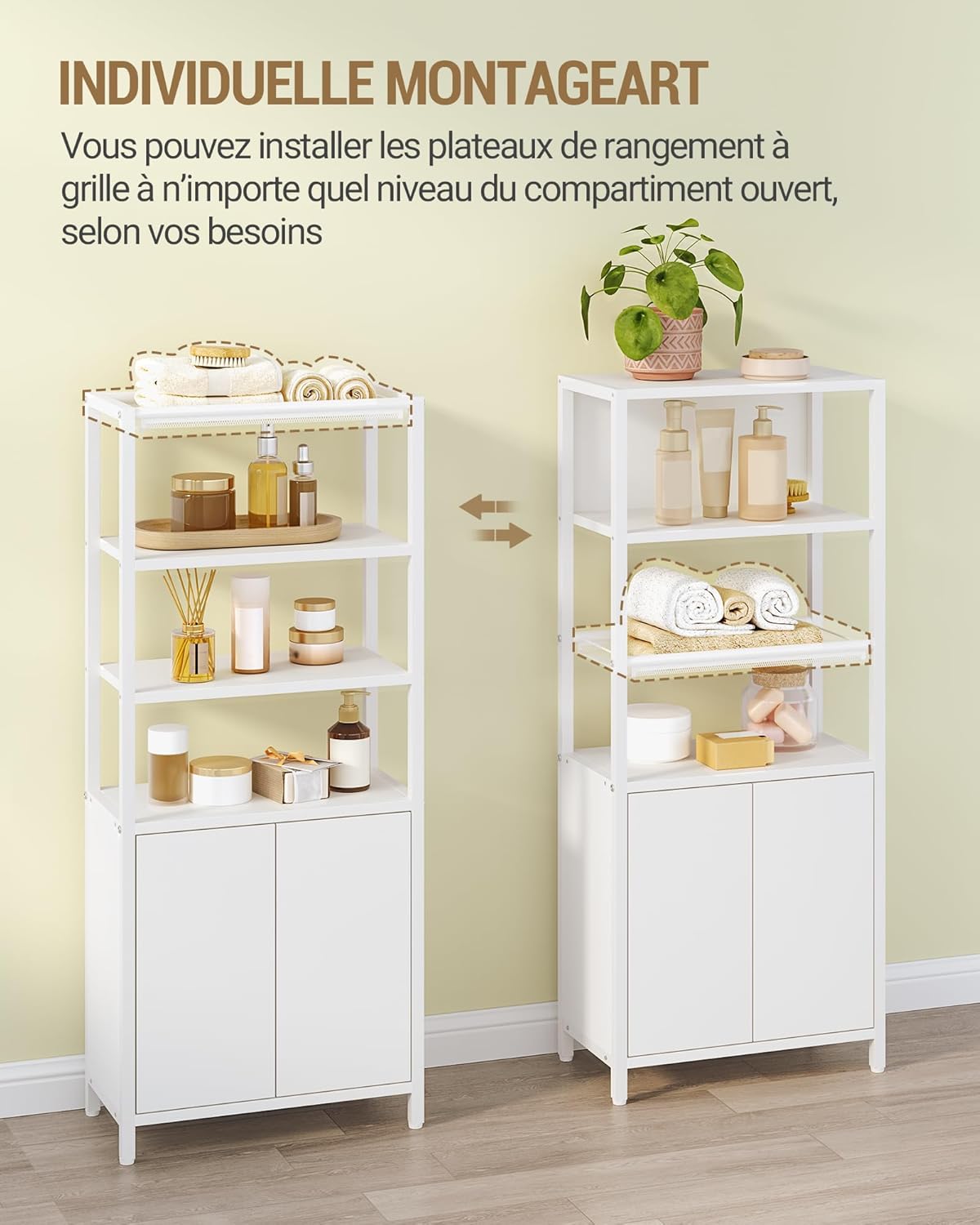 Hzuaneri BC42903W Bathroom Cabinet with 2 Doors & Open Shelf, Kitchen Cabinet, Ventilated Metal Mesh Shelf, Adjustable Shelf, for Bathroom, Living Room, 20 x 38 x 90 cm, White