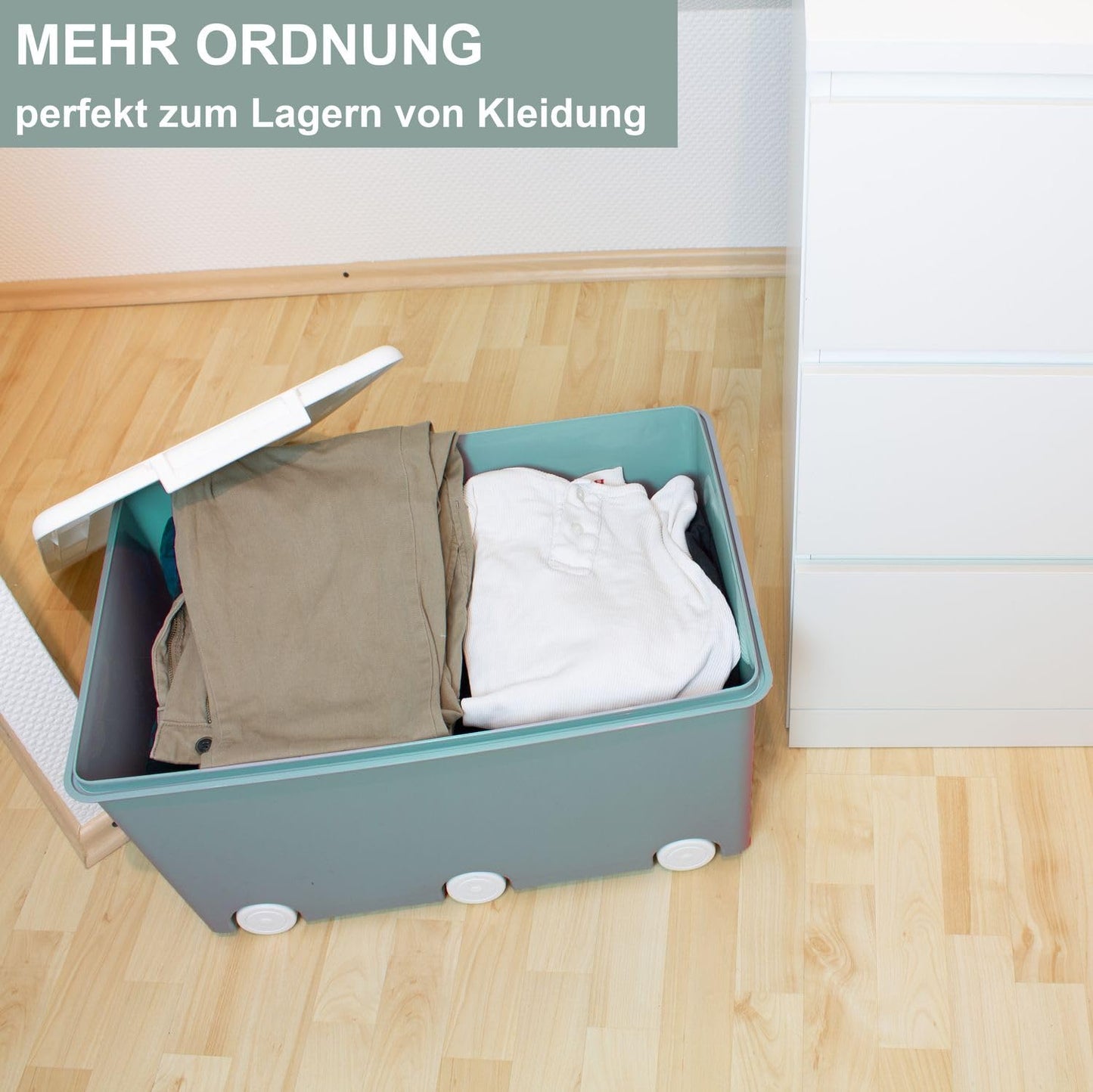 Babykajo 3 Storage Boxes with Lid and Wheels 50 L - Stacking Boxes with Lid Opaque - Plastic Box with Lid for Closing - Boxes Storage with Lid