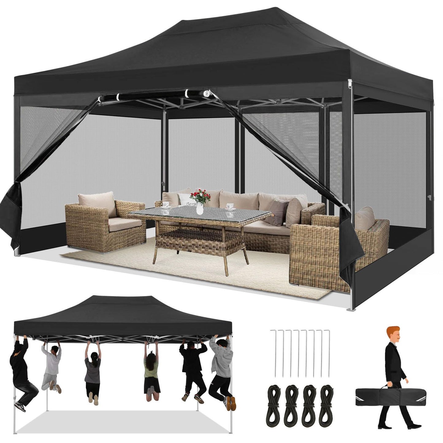 COBIZI Folding Gazebo 3 x 3 m Gazebo 3 x 3 m Waterproof Stable Party Tent Foldable with 4 Side Walls Mosquito Net Pop Up Garden Gazebo Anti-UV for Garden, Grey