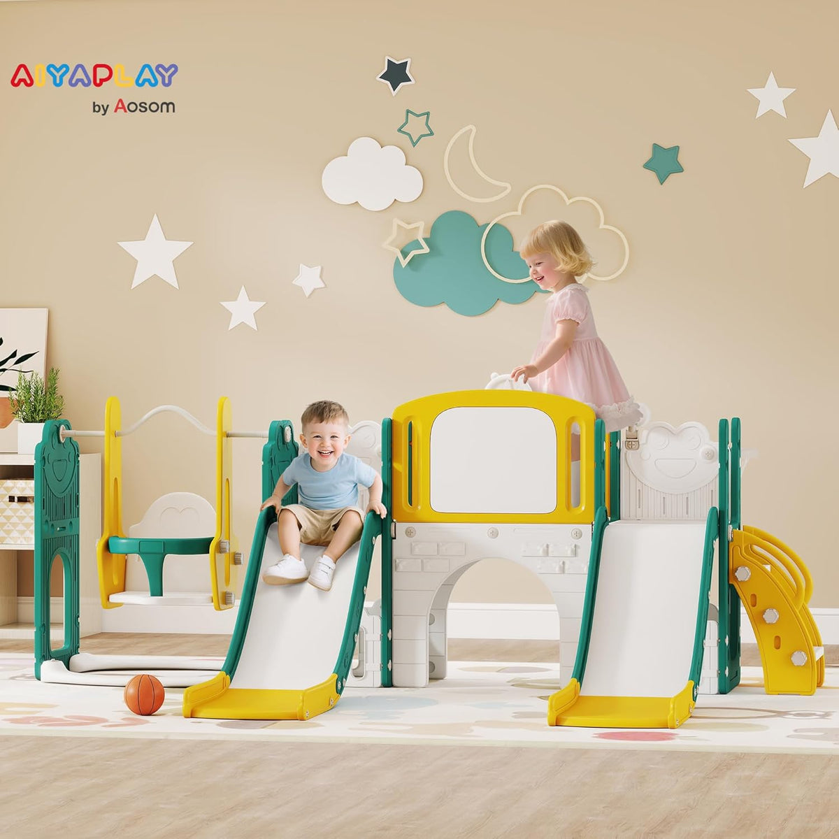 AIRPLAY Children's Slide 9 in 1 Toddler Slide with Basketball Hoop, 2 Slides, Climbing Frame, Swing, Tunnel, Telescope, Drawing Board, Frog Motif and Storage Box etc. Indoor Outdoor for 1-3 Years