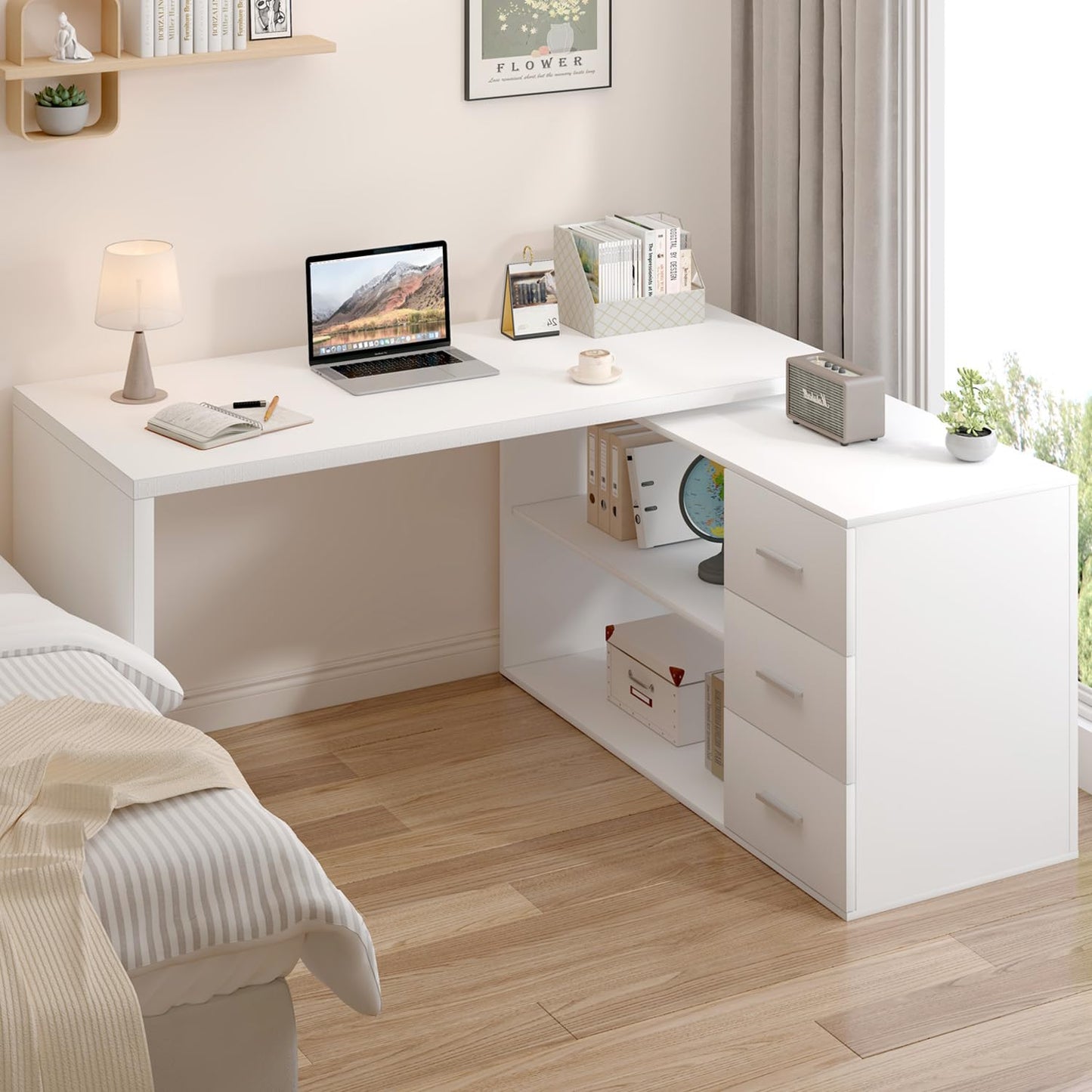 HSH Desk L Shape Modern Corner Desk Computer Desk with 3 Drawers and 2 Shelves Reversible Corner Desk with Storage Space for Home Office Table Desk White 140 cm