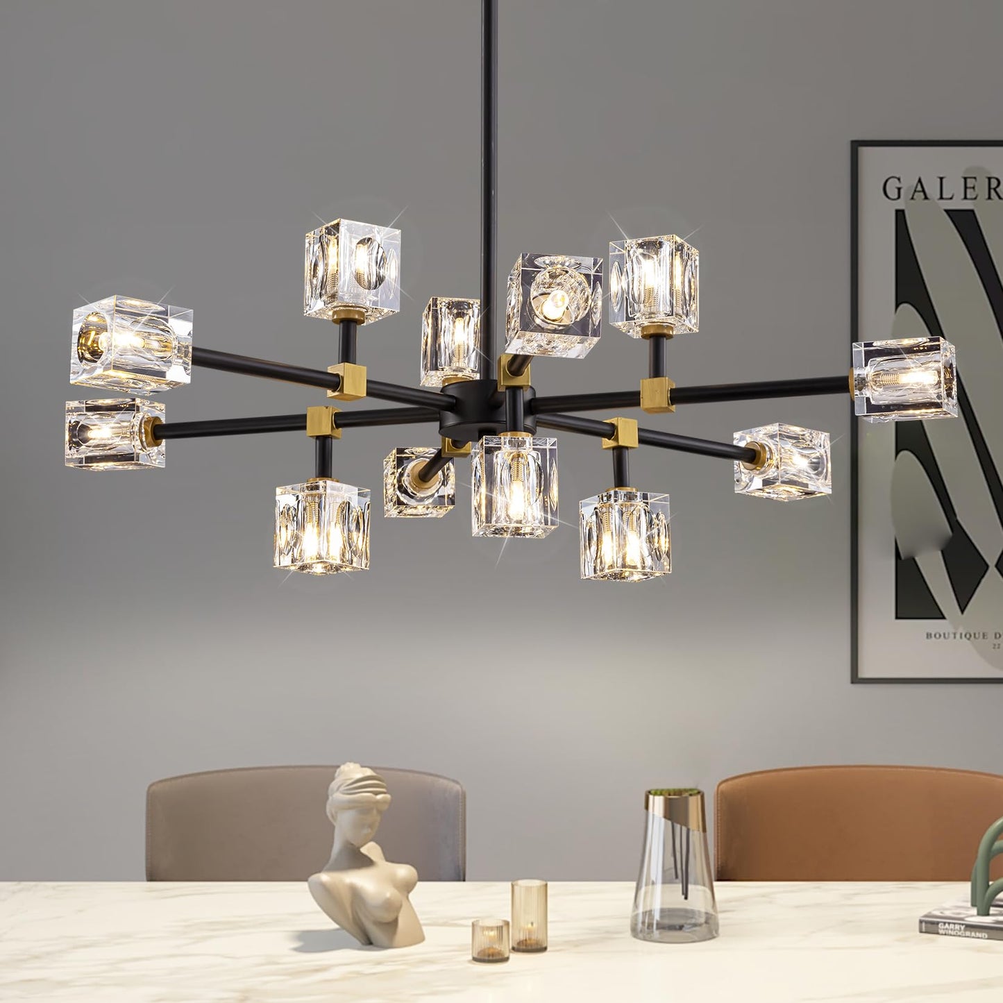 Crystal Ceiling Light, Modern Black and Gold Ceiling Lamp, 8 Lights Design, K9 Crystal Chandelier, Semi-Flush Luxury Ceiling Light for Bedroom, Living Room and Dining Room