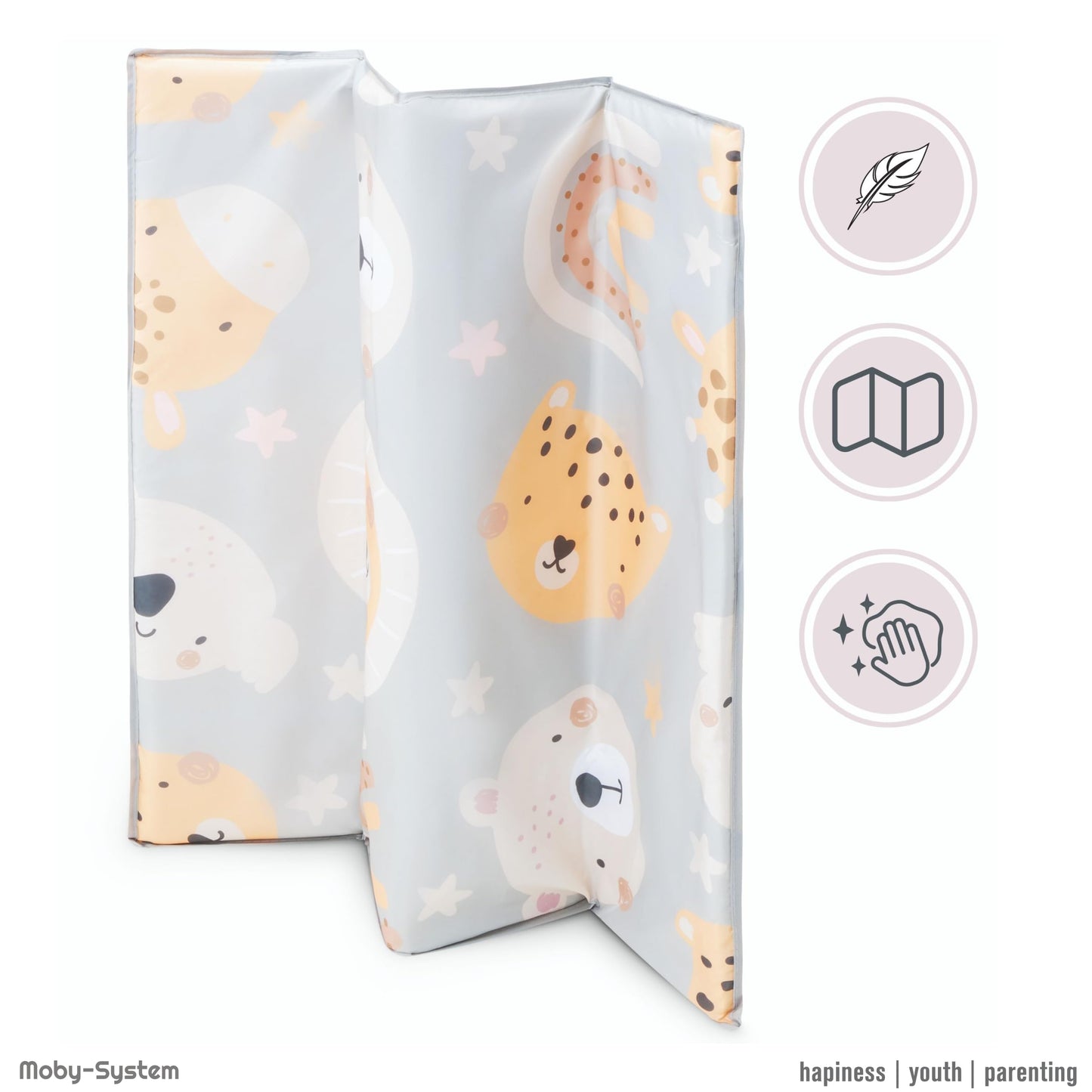 Moby-System Baby Travel Cot 128 x 68 cm - Foldable Children's Travel Bed with Mattress & Carry Bag - Playpen with Side Exit - for Babies up to 15 kg - Grey