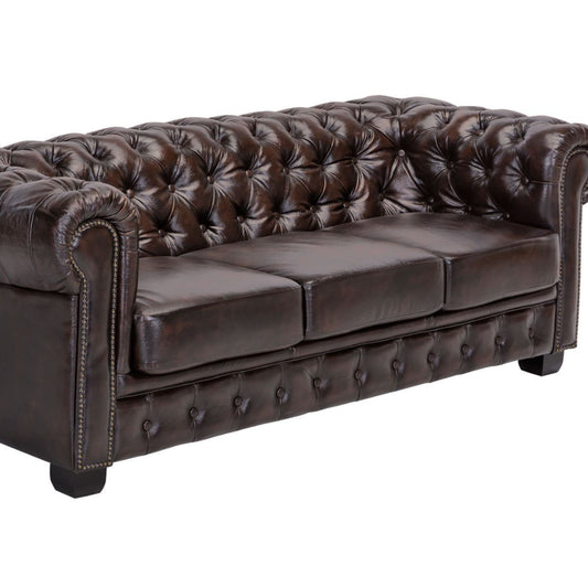 Woodkings® Chesterfield Sofa 3-Seater Vintage Genuine Leather Couch Office Sofa Upholstered Furniture 3 Seater Antique Design Sofa Spring Core Unique Men's Room English Leather Style Sofa Club Sofa