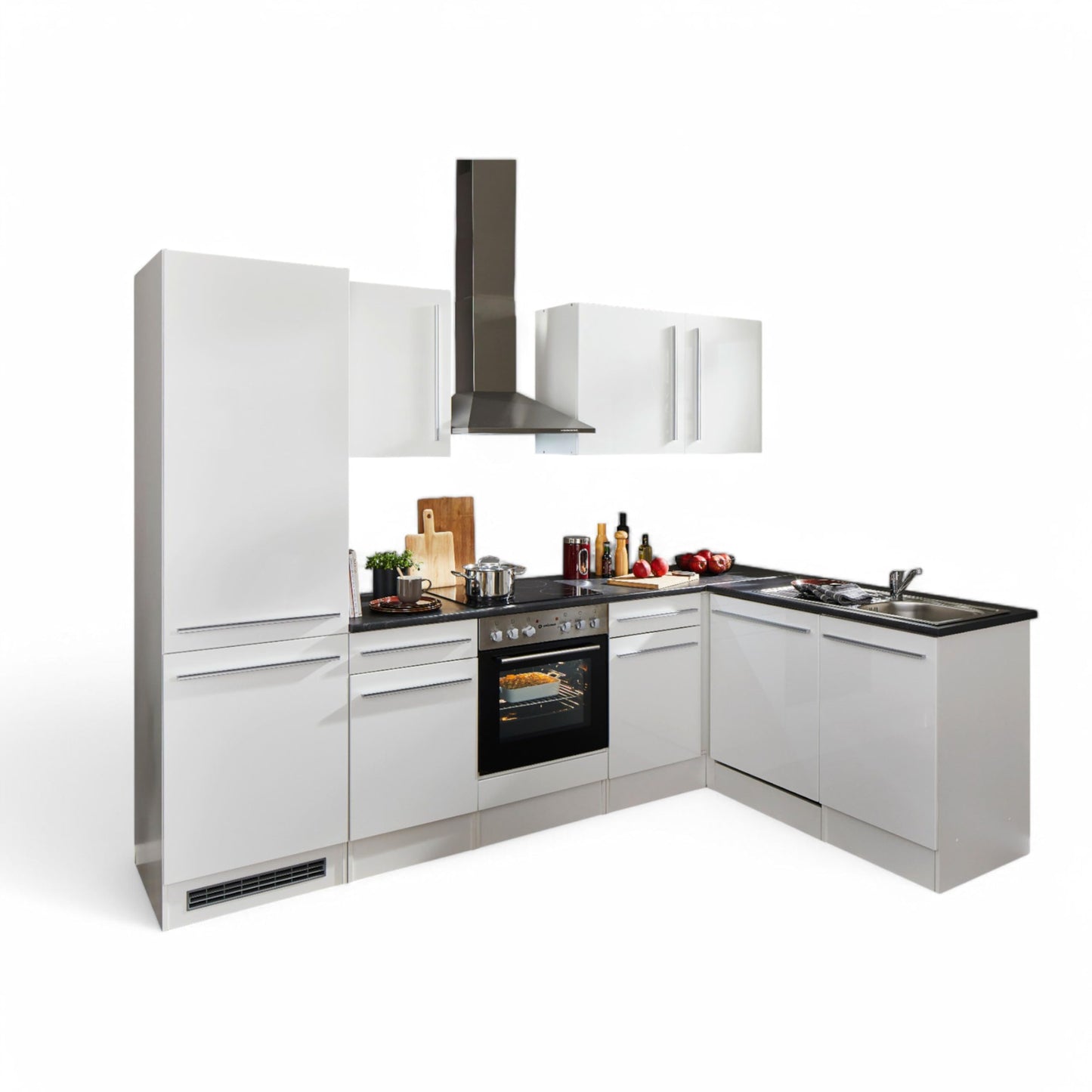 Jazz 8 Modern Corner Kitchen without Electrical Appliances in White High Gloss, Metallic Grey - Spacious Kitchen Unit in L-Shaped with Lots of Storage Space - 220 x 211 x 60 cm (W x H x D)