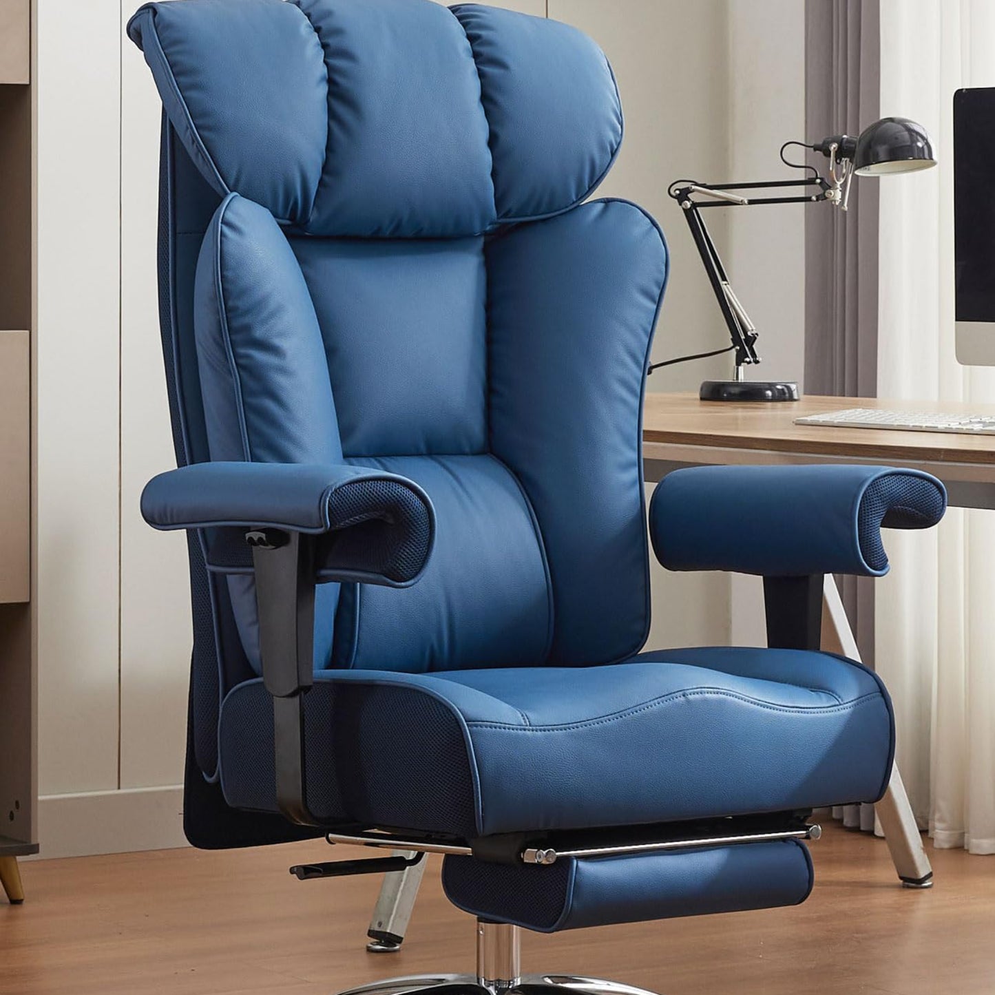 Efomao XXL Office Chair 200 kg with Footrest, Faux Leather Executive Chair with High Backrest, Adjustable Padded Armrests, Lumbar Support for Home or Office, Sturdy Computer Chair, Brown