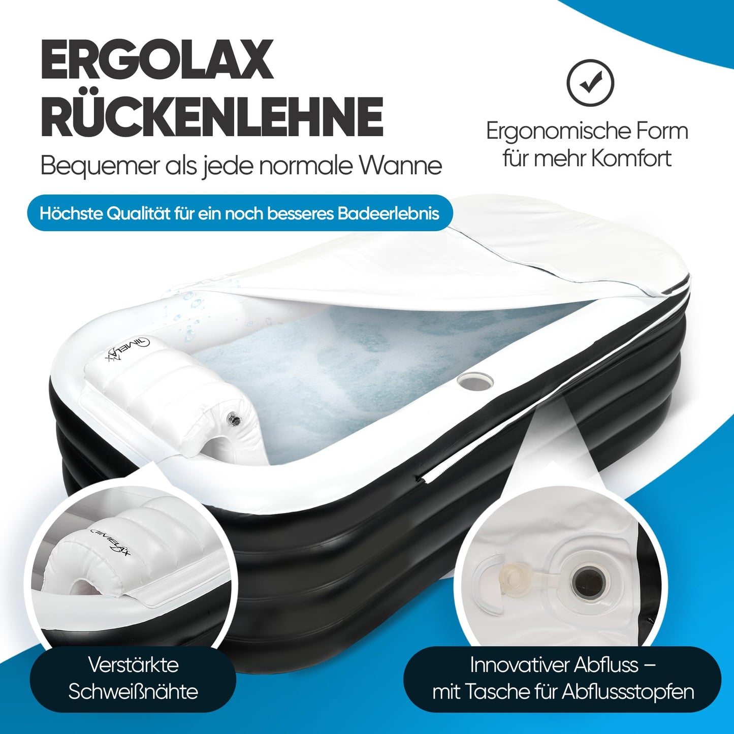 TIMELAX® Inflatable Bathtub XL [Ergonomic Backrest] 0.5 mm Thick PVC | BPA Free Inflatable Foldable Mobile Freestanding Bath for Adults and Shower