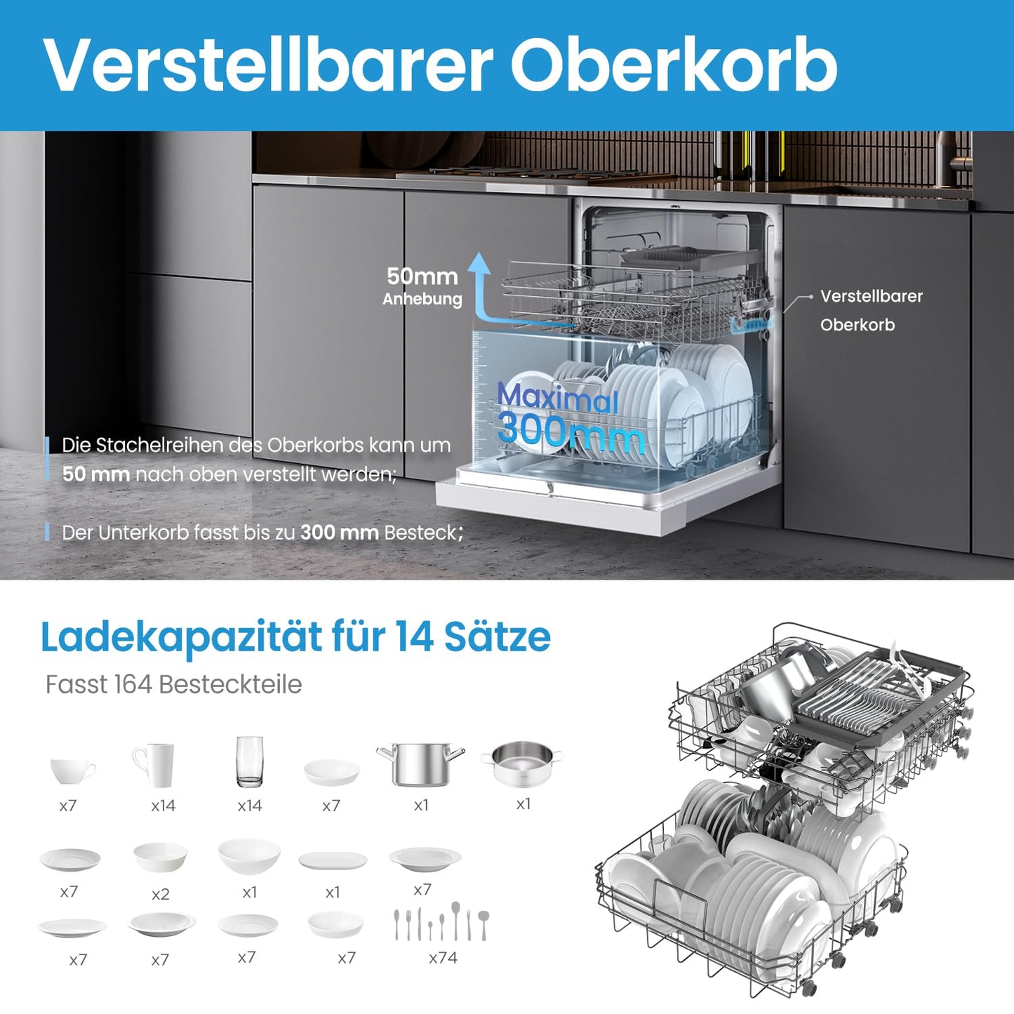 Midea SU 5.35X14CS Dishwasher Base, 14 MGD, Dishwasher 60 cm, Home Connect, Hygiene Care+, Machine Care +, Extra Drying, Half Load, 44 db, Start Delay, Stainless Steel