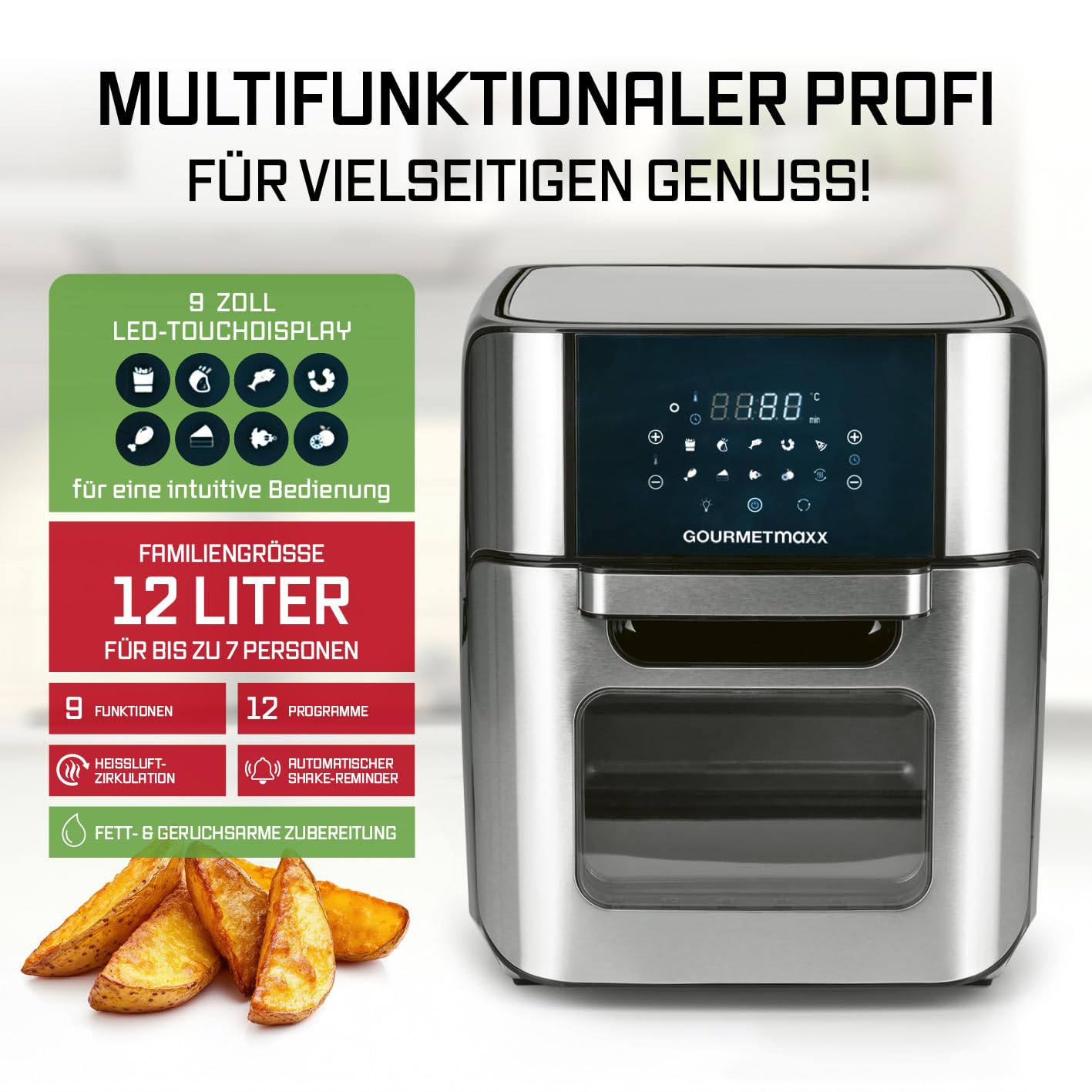 GOURMETmaxx Digitale Heißluftfritteuse 12 L, XXL-Edelstahl-Ofen | Airfryer + Timer, Touchdisplay, Drehspieß | fettarm, energiesparend frittieren | 10 Programme inkl. Pizza | 1800 W