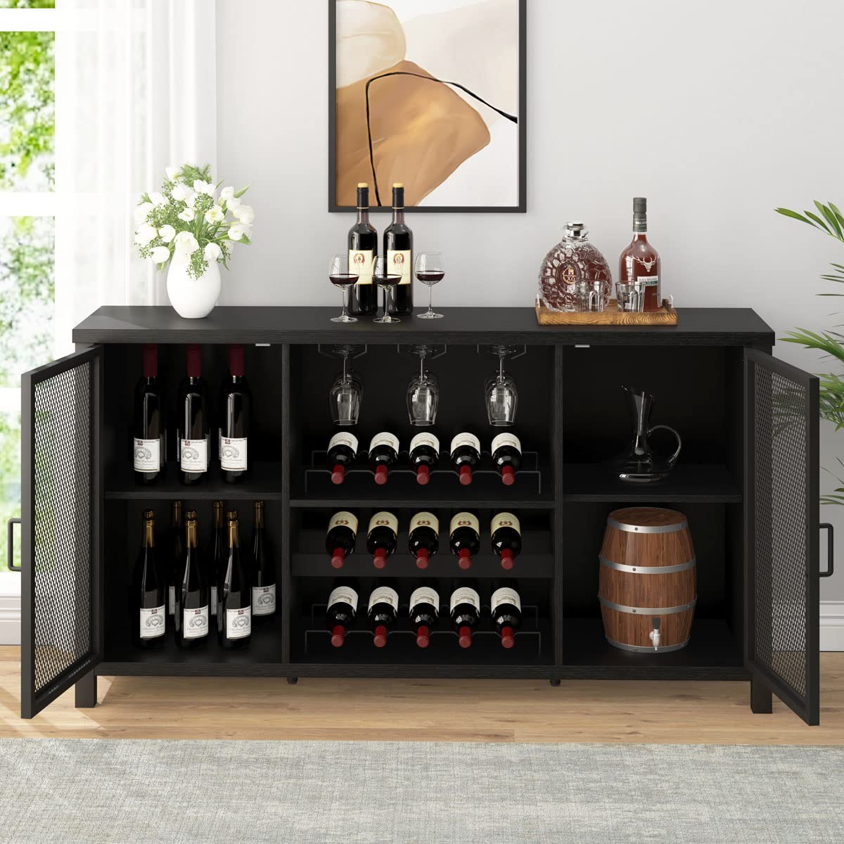 Mudmasa Küchenschrank Buffetschrank Sideboard Barschrank, Küchekommode Holz, mit 2 Türen, Weinschrank Beistellschrank für Wohnzimmer, Küche, Esszimmer, 35 x 140 x 82 cm, Schwarz