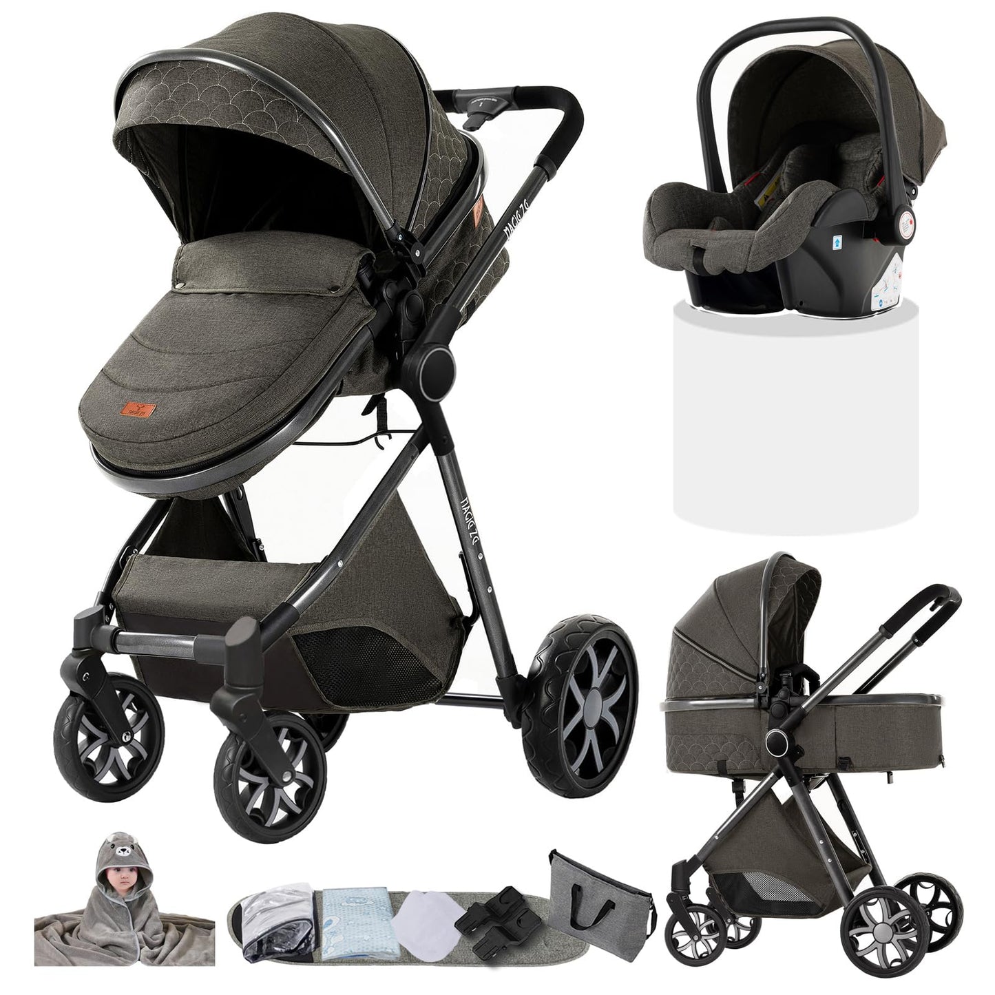 Doraystar 360° Rotation PU Leather Pushchair 3-in-1 Combination Pushchair 3-in-1 with Two Reversible Sliding Modes, Pushchair Complete Set with One-Click Folding Design, Aluminium Alloy Frame (906
