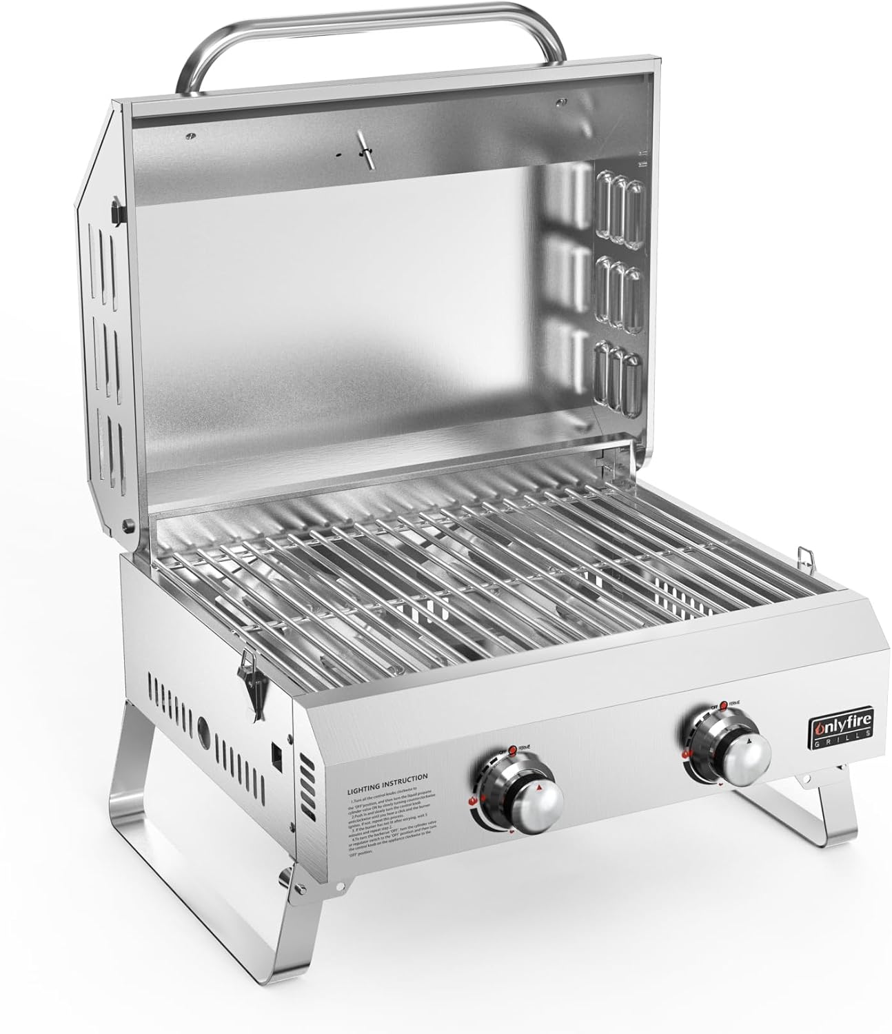 Onlyfire 2-Burner Gas Barbecue Small Stainless Steel 4.7 kW with Foldable Trolley, Side Shelves and Grill Grate, Garden Grill, Outdoor Gas Grill for Balcony Camping