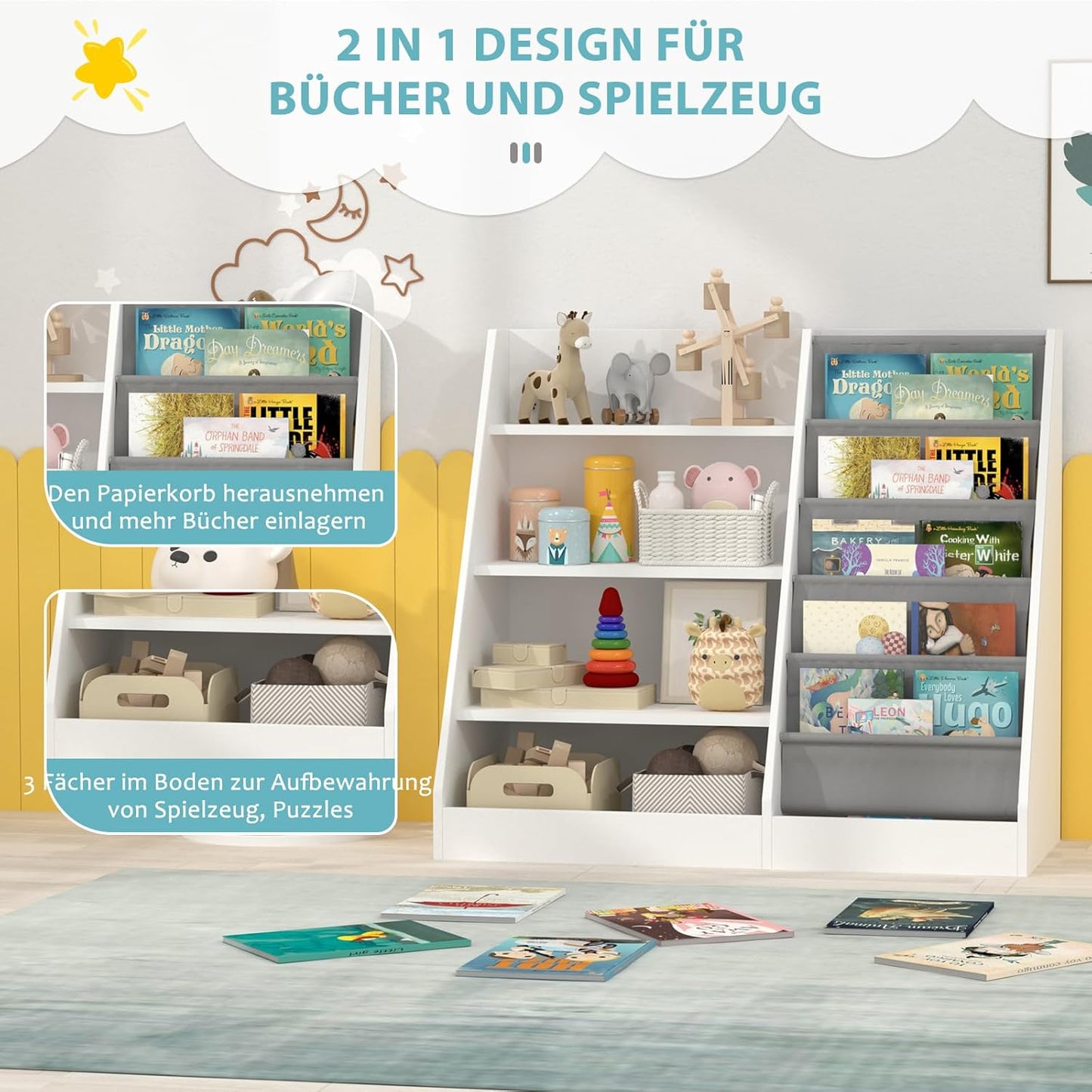 Children's Shelf, White with 5 Shelves and 4 Open Compartments, Bookcase for Children, Toy Organiser, 90 x 40 x 80 cm