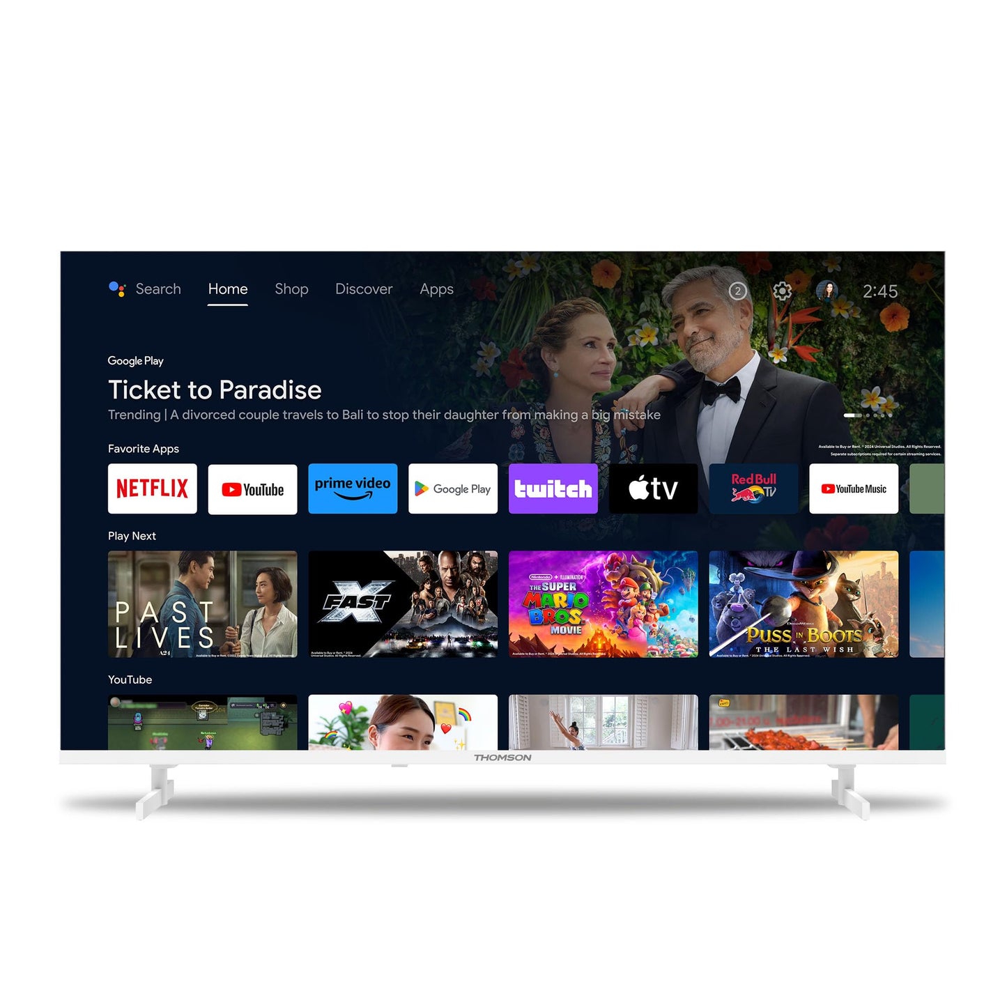 Thomson 43 Zoll (109 cm) 4K Ultra HD Weiß Smart Android TV, Google Assistant, Wi-Fi, Dolby Digital, Bluetooth, Triple-Tuner (Kabel,Satellit,Antenne), HDMI, CI+, A+ Panel – 43UA5S13W