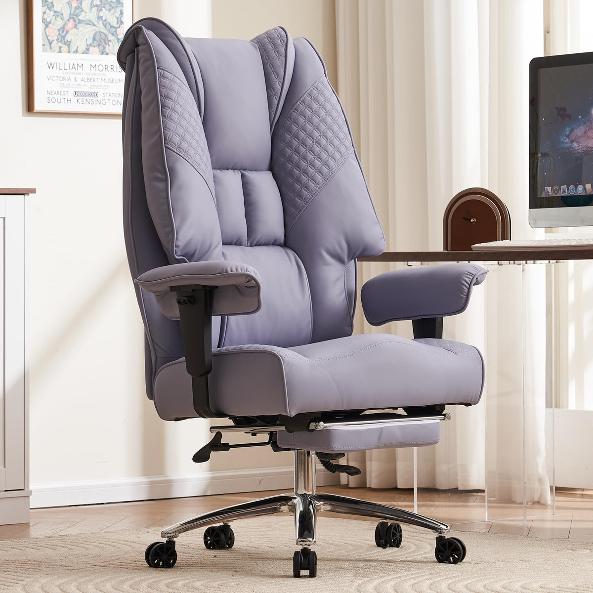 EXCEBET Bürostuhl Ergonomisch, Chefsessel mit Hoher Rückenlehne, Verstellbaren Armlehnen und Breitem Sitz, PU Leder Drehstuhl, Höhenverstellbar Schreibtischstuhl, Belastbar bis 200 kg (BEIGE)
