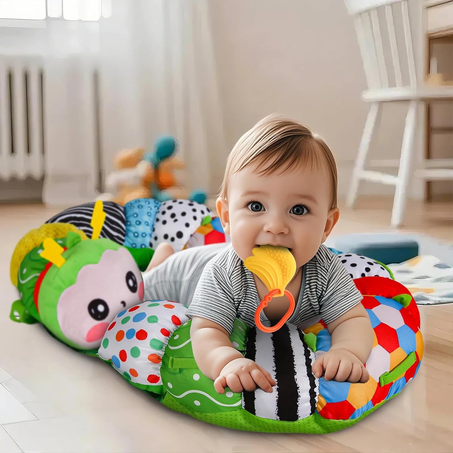 Generisch SAIMAND Baby Toy 0-6 Months, 3-in-1 Removable Caterpillar Play Pillow for Tummy Time Toys, Abdominal Position, Sitting & Support with Rattle, Teething Ring and Mirror, Ideal Baby Gift 0-3-6