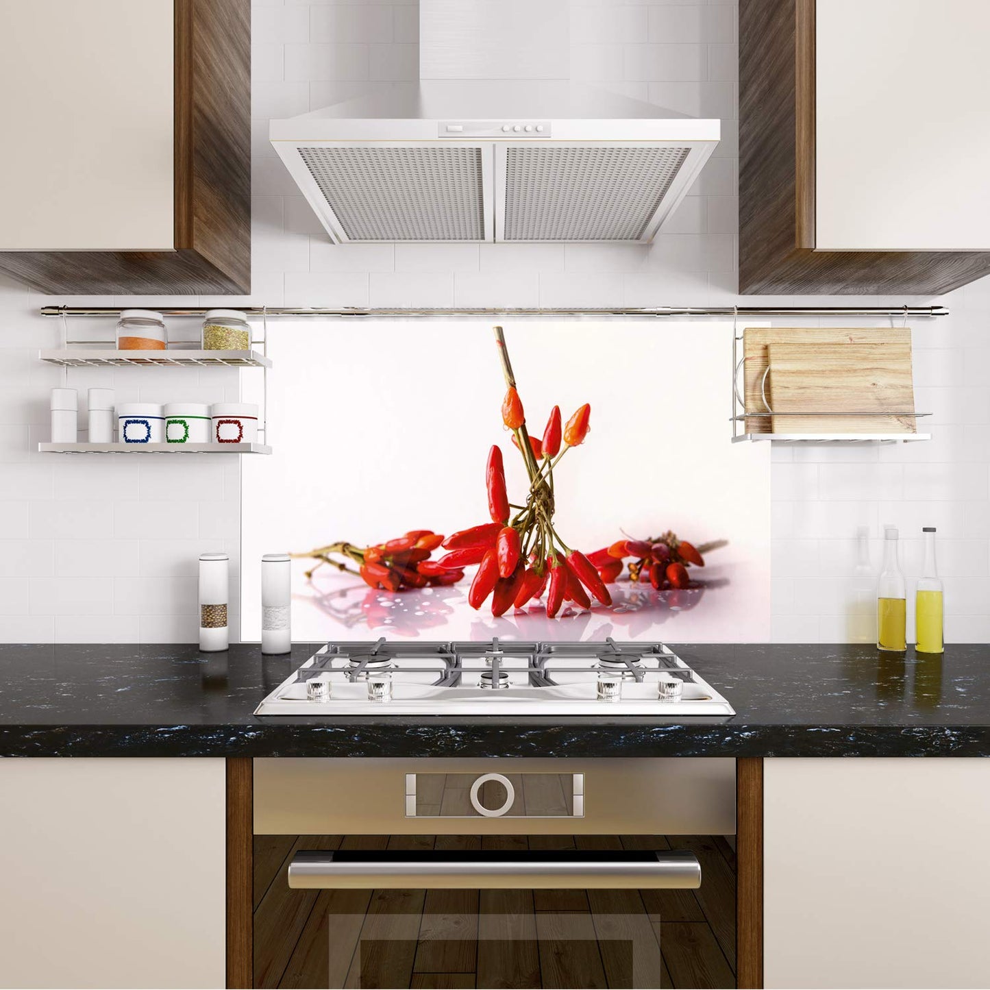 GRAZDesign Kitchen Back Wall Glass Chili Splash Guard Stove Print Behind Glass Picture Motif Spices Back Wall Kitchen Glass Plate with Kitchen Motif 60 x 60 cm