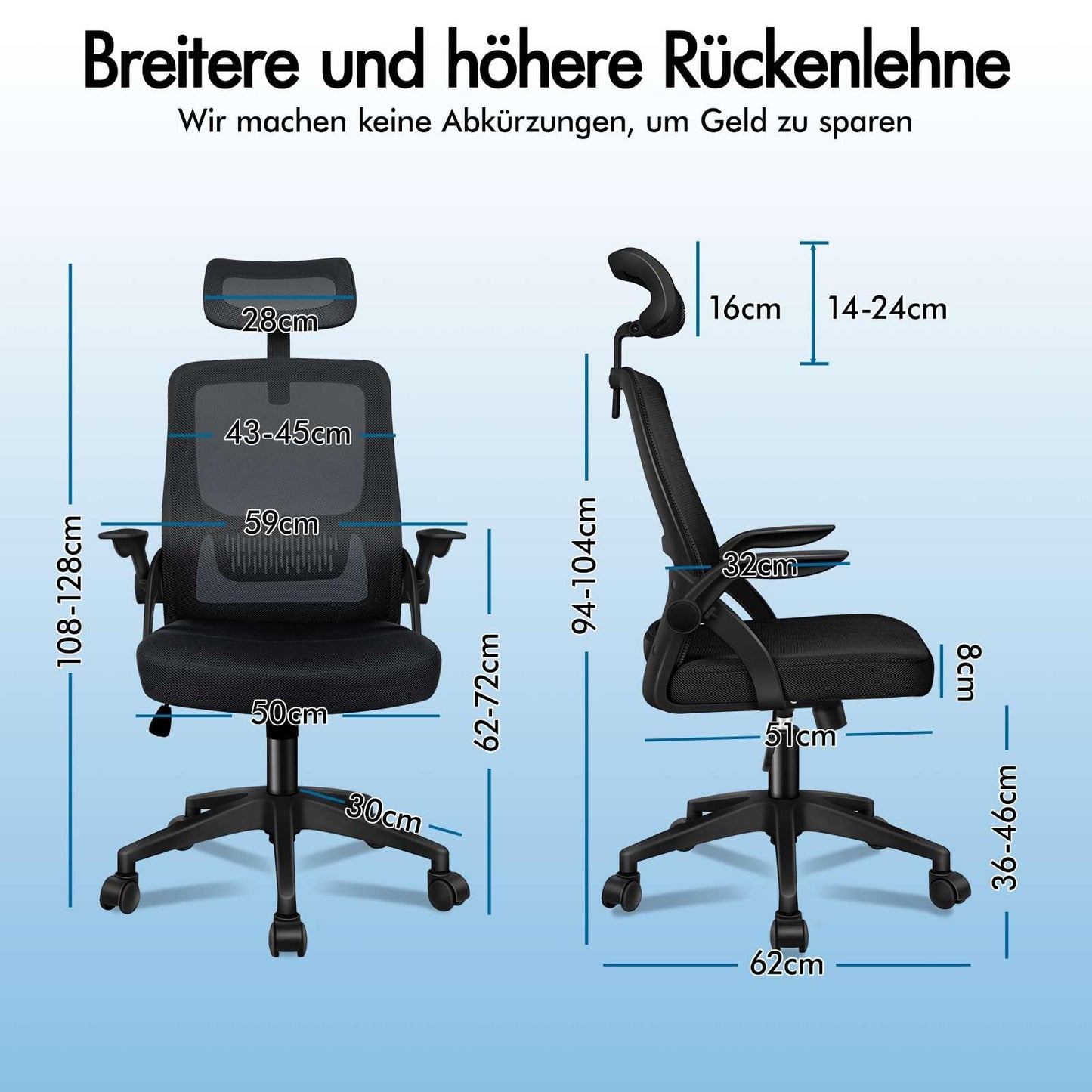 ALFORDSON Ergonomic Office Desk Chair, Computer Chair with Dynamic Lumbar Support, Tilting Swivel Chair with Flip Up Armrest, Black