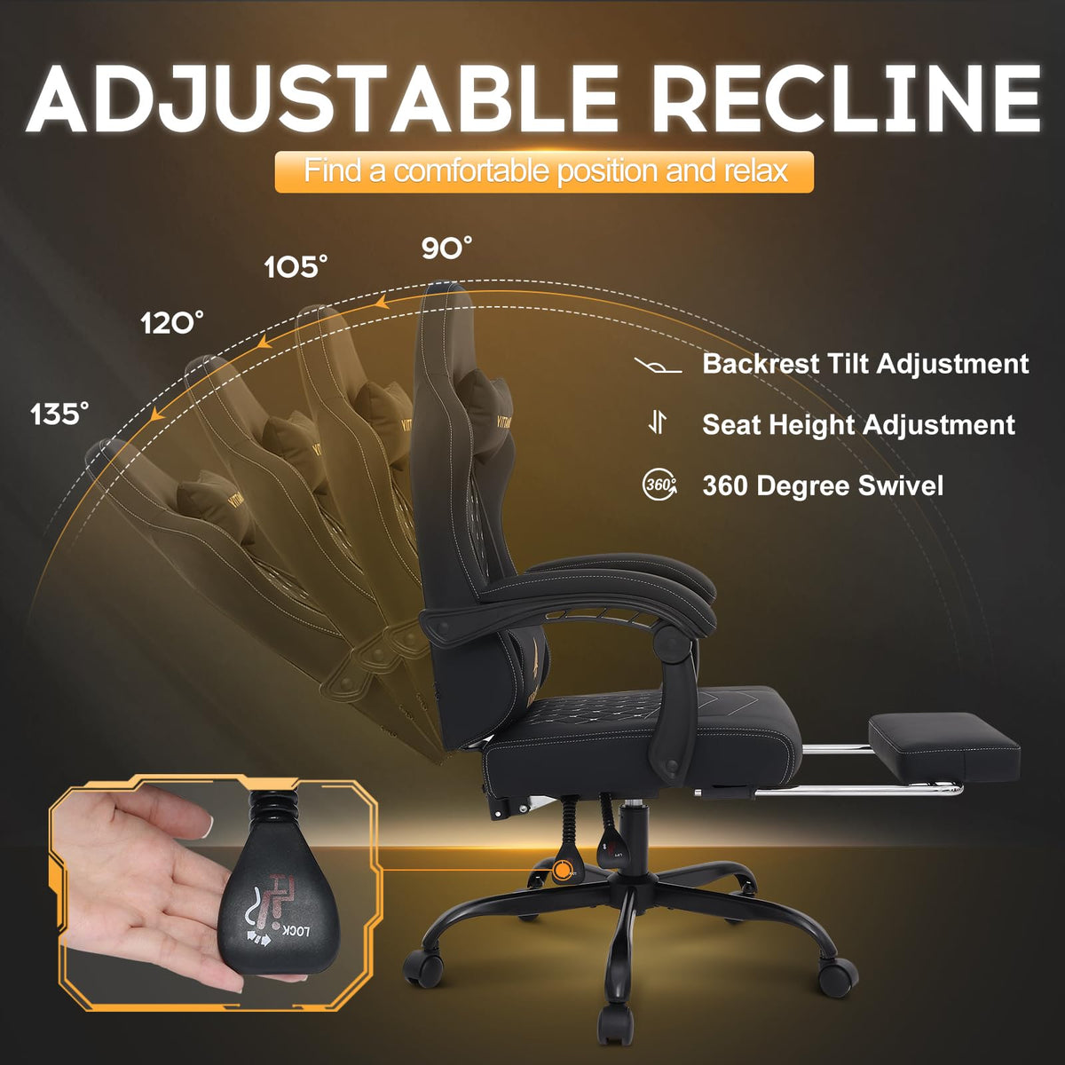 Vittanly Gaming Chair with Spring Cushion, Ergonomic Gaming Chair, Gamer Chair with Headrest, Lumbar Cushion and Footrest, Height-Adjustable Rotating Gaming Chair, Office Chair, 150 kg, Black