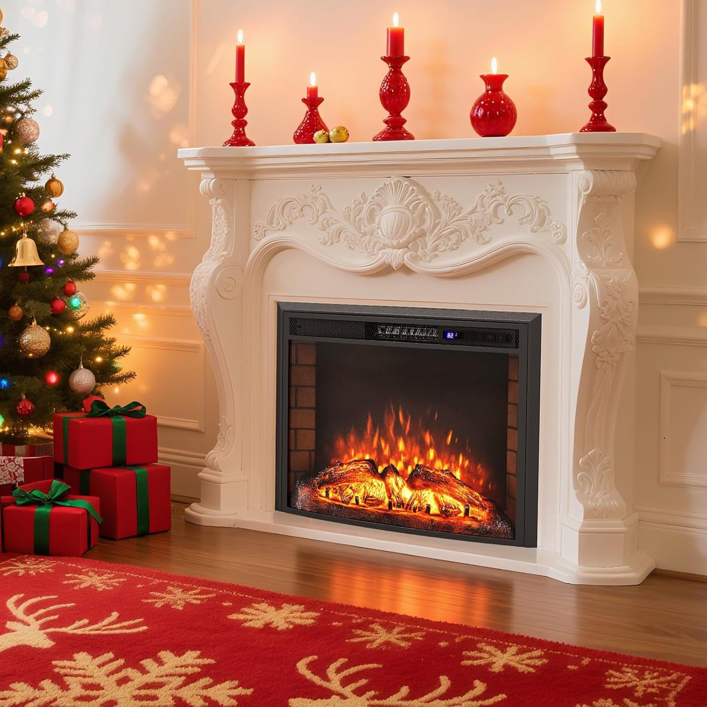 COSTWAY Electric Fireplace with Heating 1500 W, Electric Wall Fireplace with Remote Control, Overheating Protection, 5H Timer, Adjustable 3D Flame Effect and Brightness, 5000BTU Built-in Fireplace