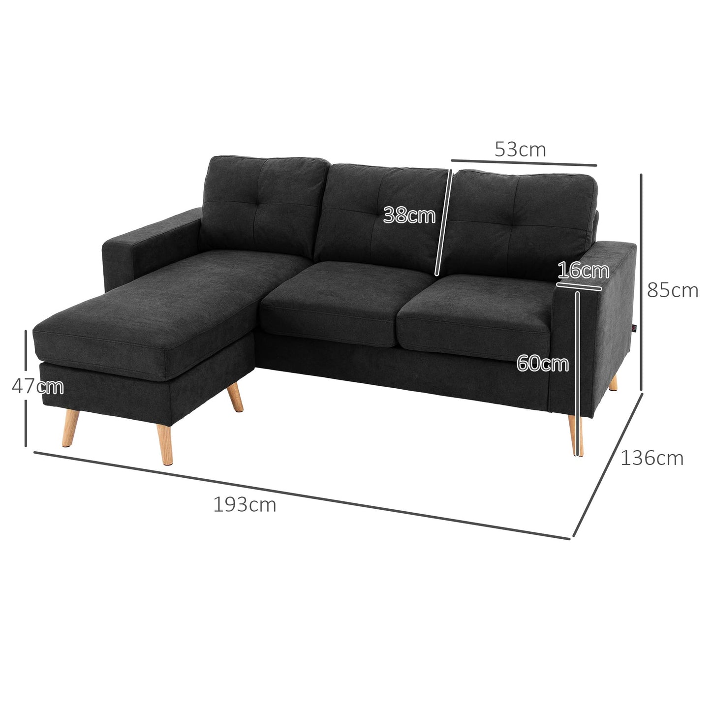 HOMCOM Corner Sofa L-Shaped Sofa with 3 Cushions, Corner Couch with Button Binding, Linen Look, Couch Living Landscape for Living Room, Bedroom, 193 x 136 x 85 cm, Black