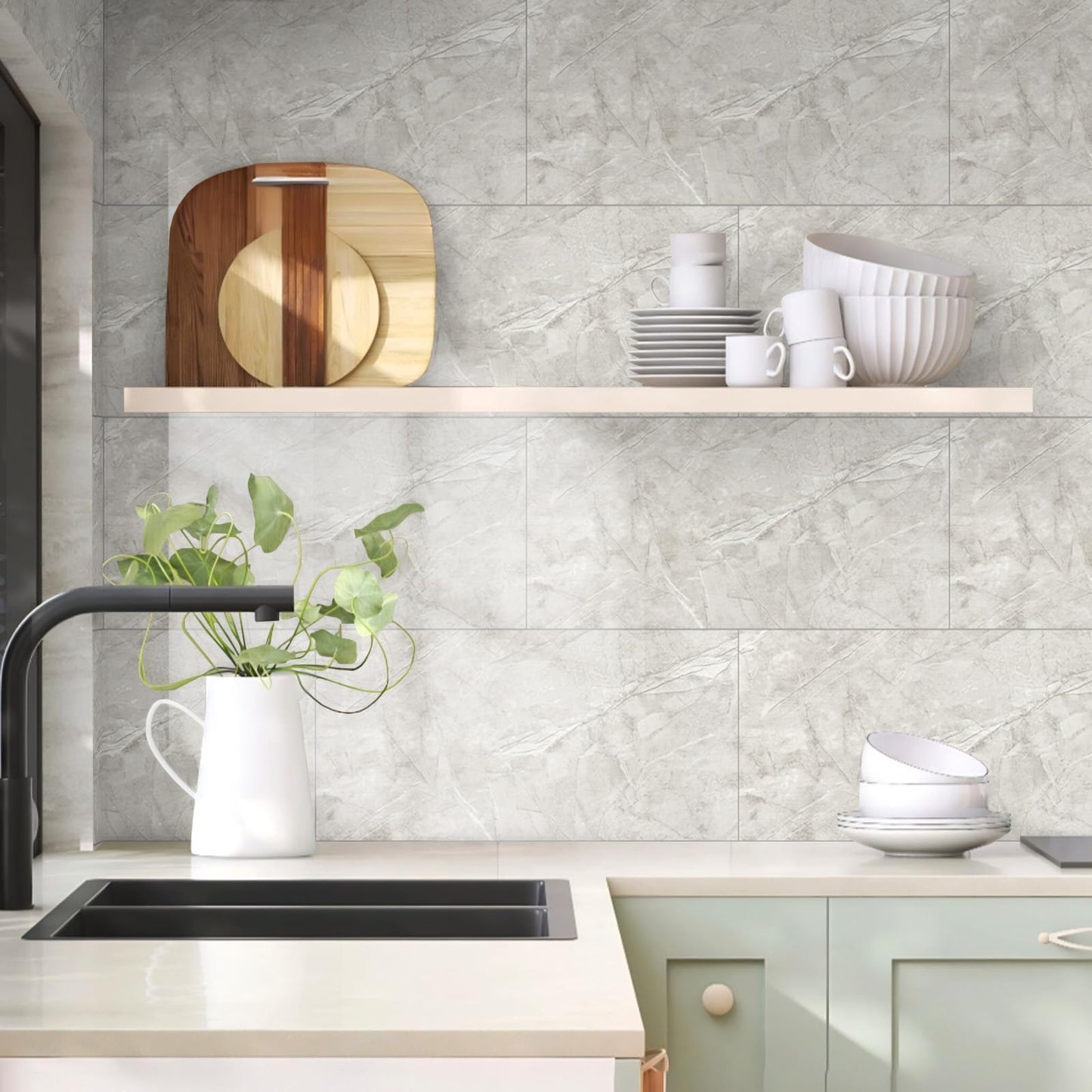 Hode Pack of 10 Adhesive Tiles, Kitchen Marble, 60 x 30 cm, Self-Adhesive Tiles, White, Waterproof, Wall Panels, Self-Adhesive for Kitchen Splashback, Bathroom, Living Room, Wall Tiles