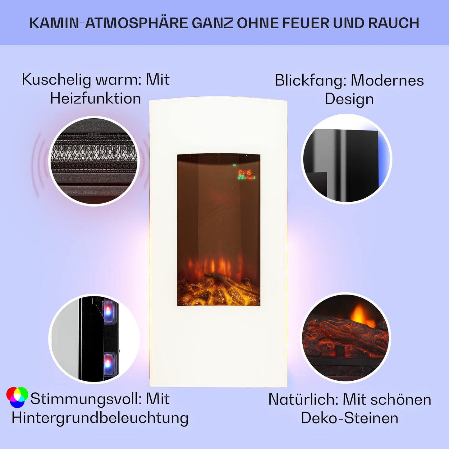 Klarstein Electric Fireplace, Electric Heaters for Living Room and Indoor Spaces, Electric Fireplace with LED Flames, Fireplace for Wall Mounting, Fan Heater with Timer, Adjustable Thermostat, Heating