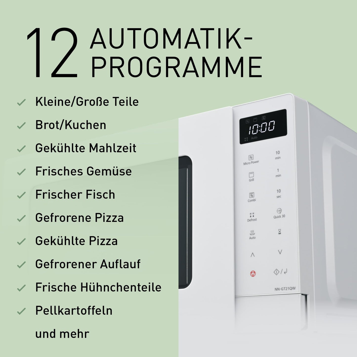 Panasonic NN-ST21QWEPG 20L Solo Microwave with Turntable, 800W, Automatic Defrost, 11 Automatic Programmes, LED Display, 5 Power Levels, Digital Timer, White