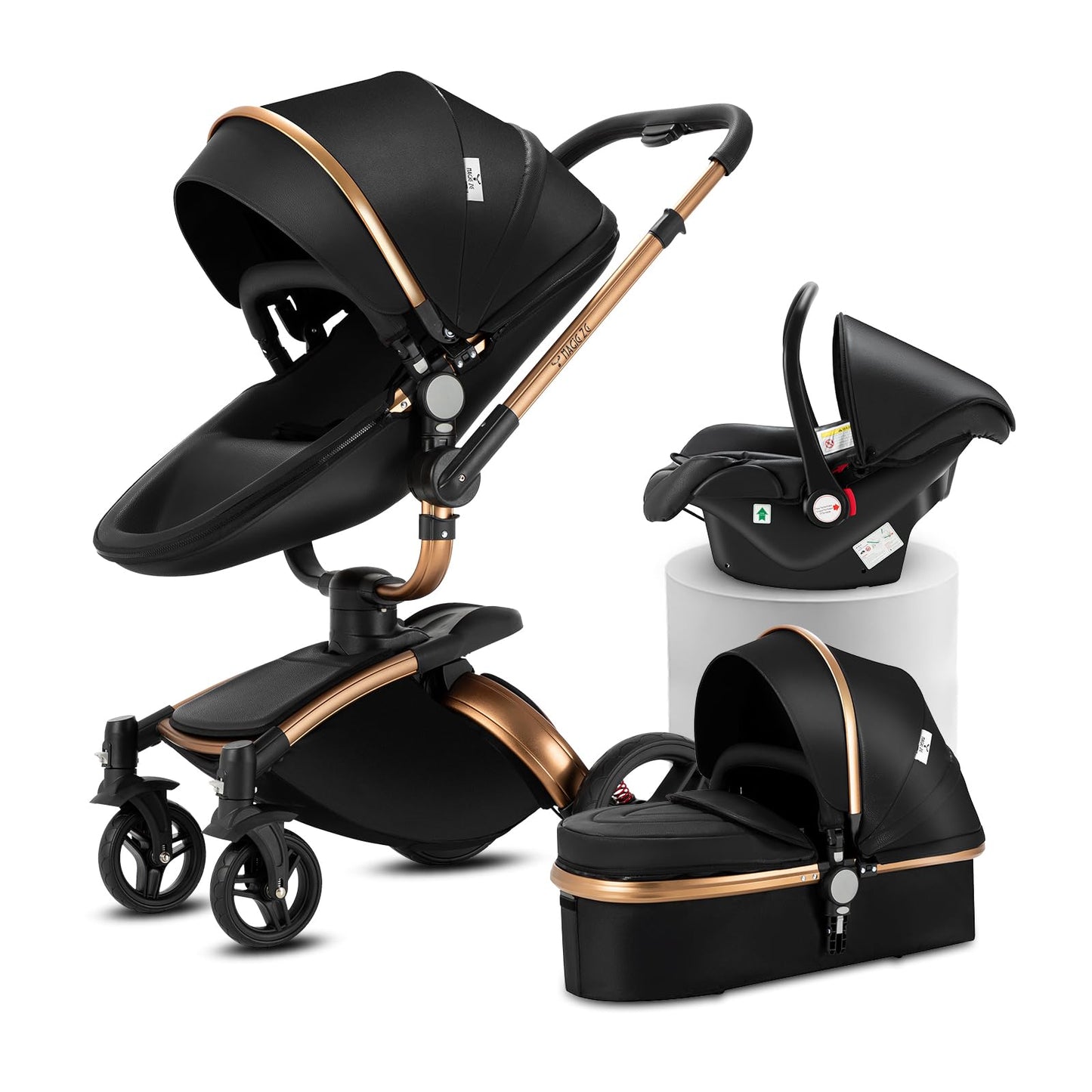 Doraystar 360° Rotation PU Leather Pushchair 3-in-1 Combination Pushchair 3-in-1 with Two Reversible Sliding Modes, Pushchair Complete Set with One-Click Folding Design, Aluminium Alloy Frame (906