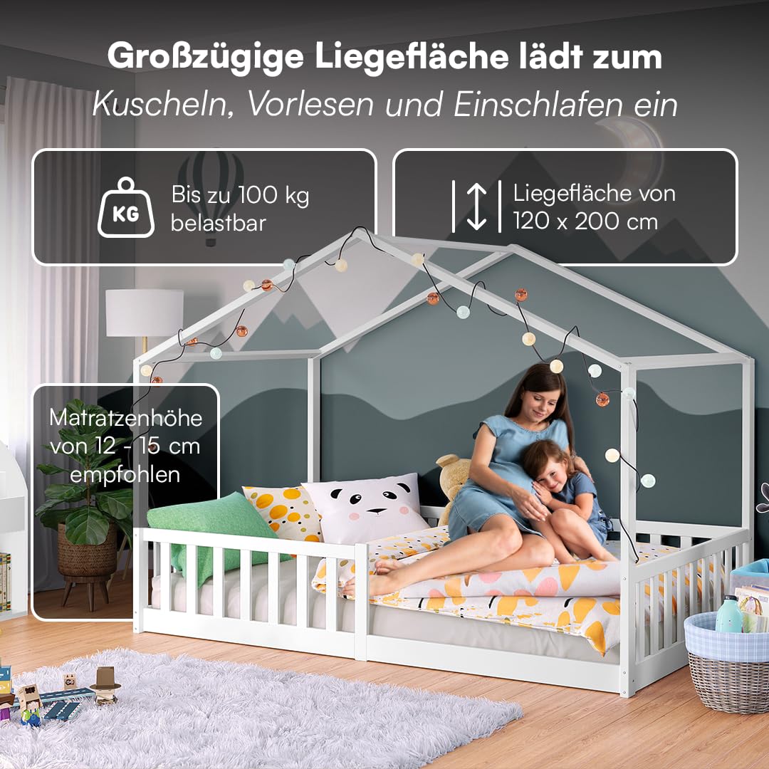 Bellabino Bia Children’s Bed, 90 x 200 cm, Children’s House Bed incl. Fall Protection and Rolled Slatted Frame, Montessori Floor Bed, White, Solid Pine Wood