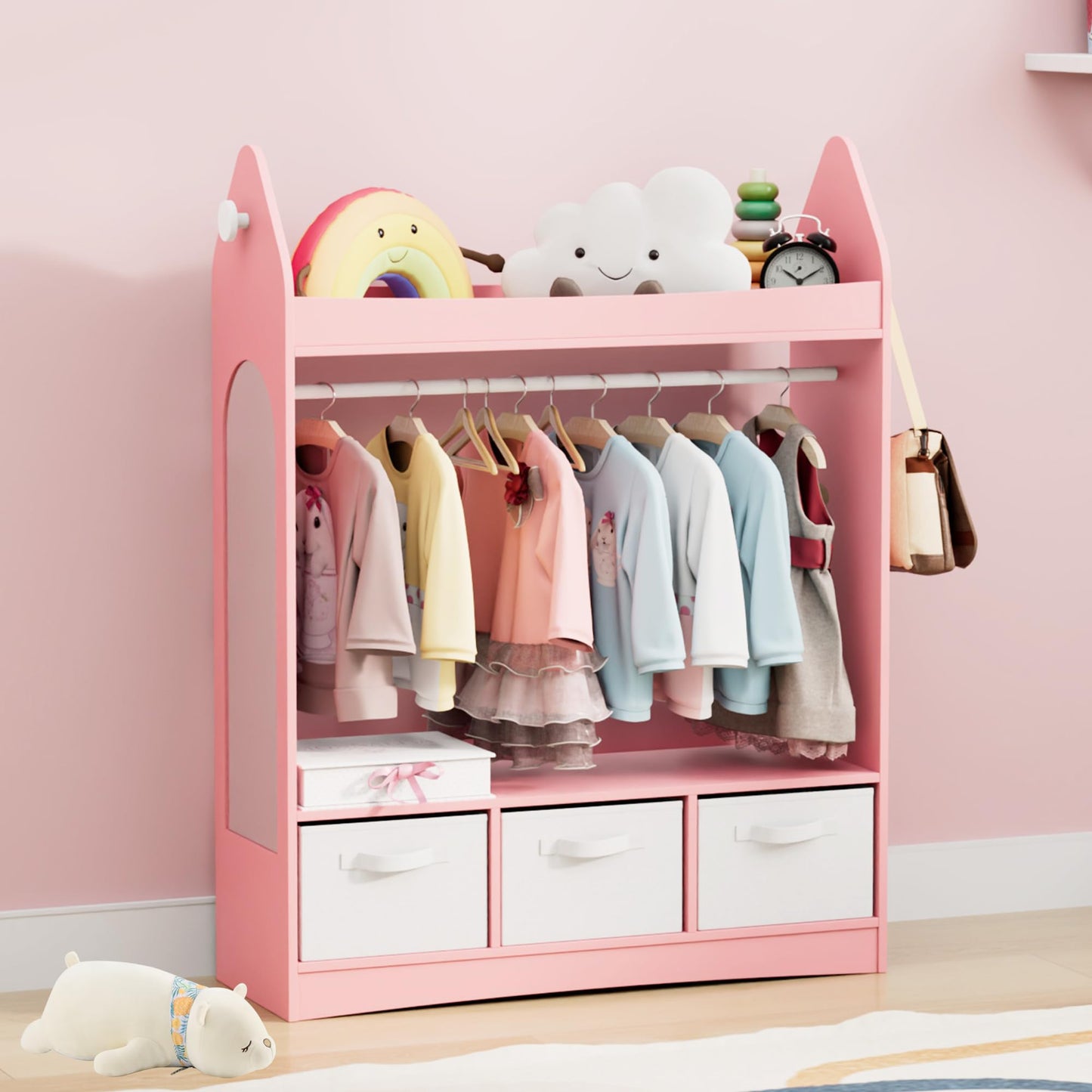 Children's Clothes Rack with Mirror, Clothes Rail with Shelves, Children's Wardrobe Wood, Children's Shelf for Children's Room, 81 x 28 x 106.5 cm (Clouds with 2 Drawers, White)