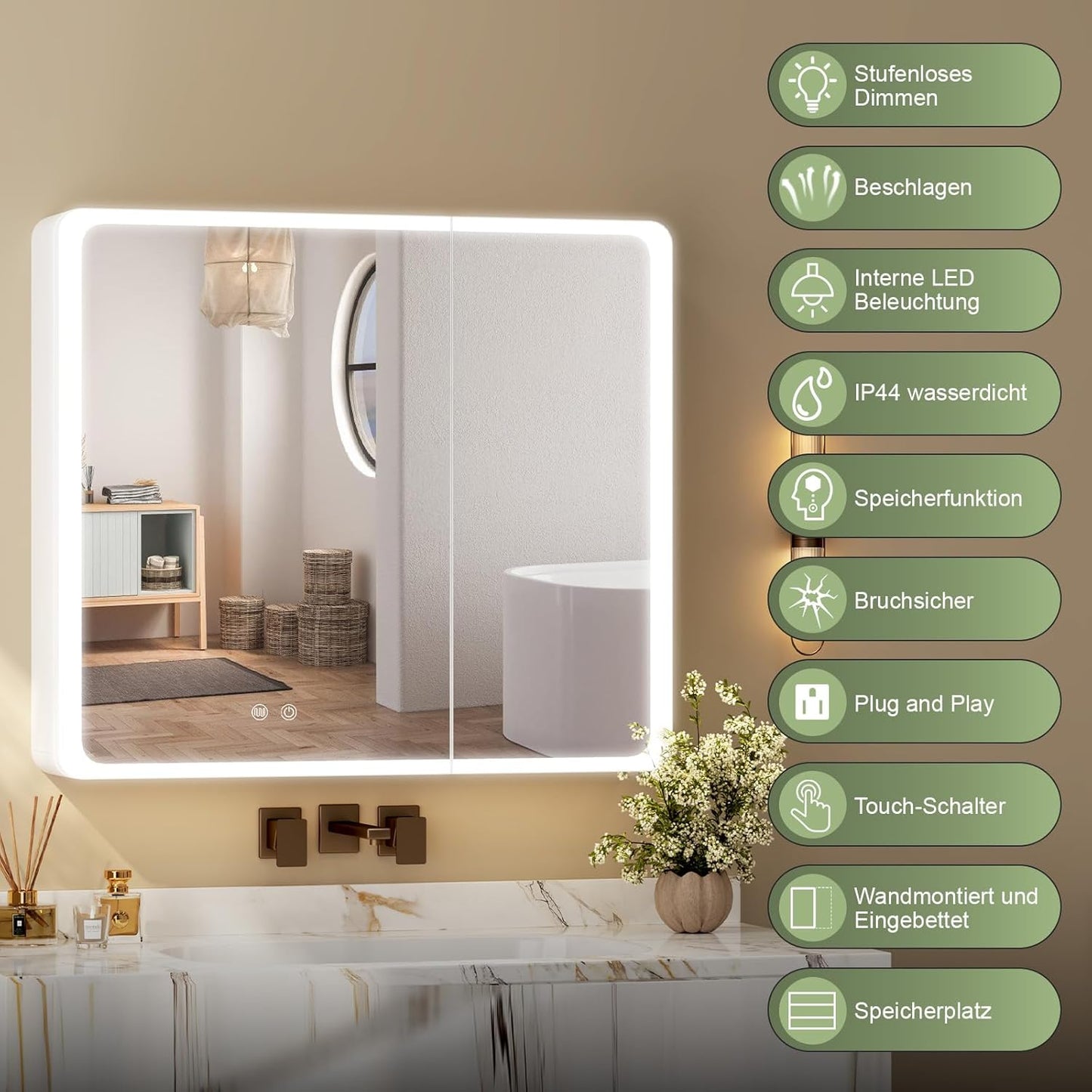 Aovquof Mirror Cabinet with Lighting - 90 x 60 cm Bathroom Mirror Cabinet with Storage Space, Bathroom Mirror Cabinet with Adjustable Dimmable LED Lights with Demist Function, Modern Cream Colour