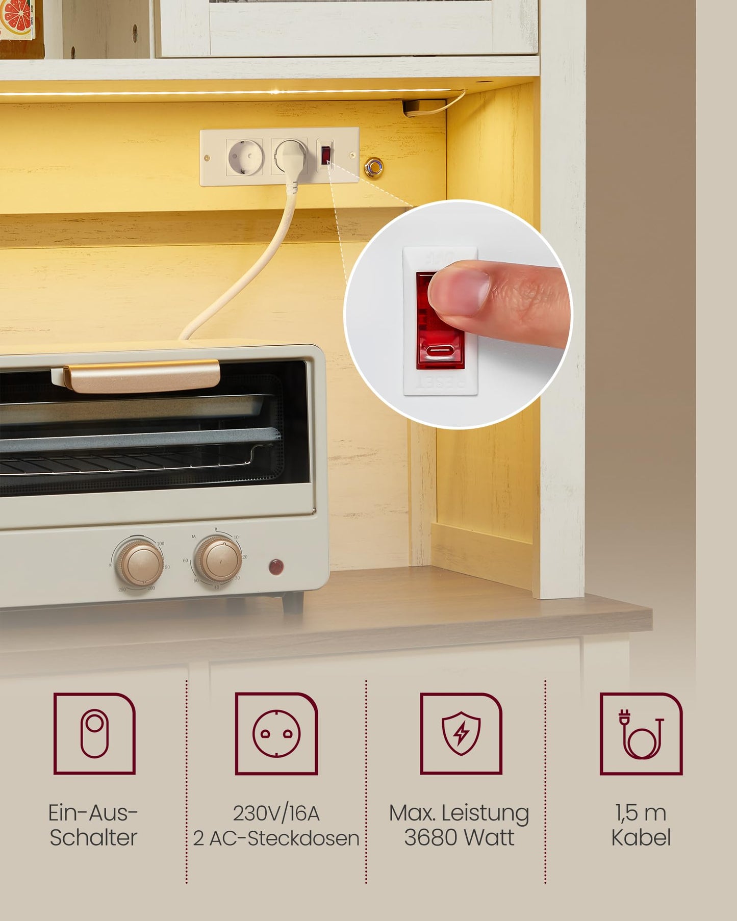 VASAGLE Sideboard with Lighting and Charging Station Kitchen Cabinet Storage Cabinet with Doors and Drawers 39.5 x 106.5 x 180.6 cm Adjustable Shelves Country Style Vintage White BBK391W02