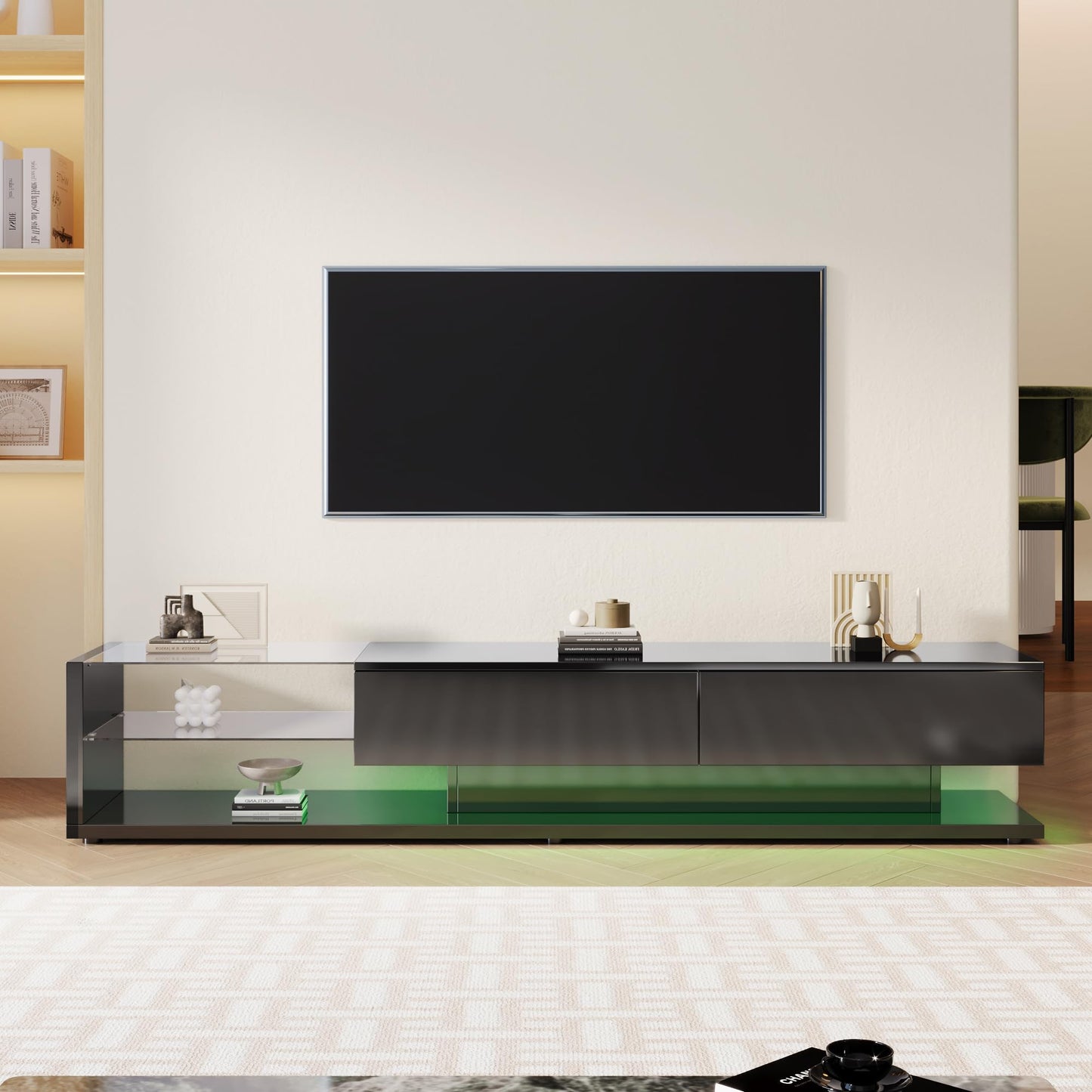 TV Cabinet, TV Stand with 2 Lockers, 200 cm Long, Adjustable Shelves, High Gloss LED TV Lowboard for Living Room Furniture and Dining Room, Bedroom