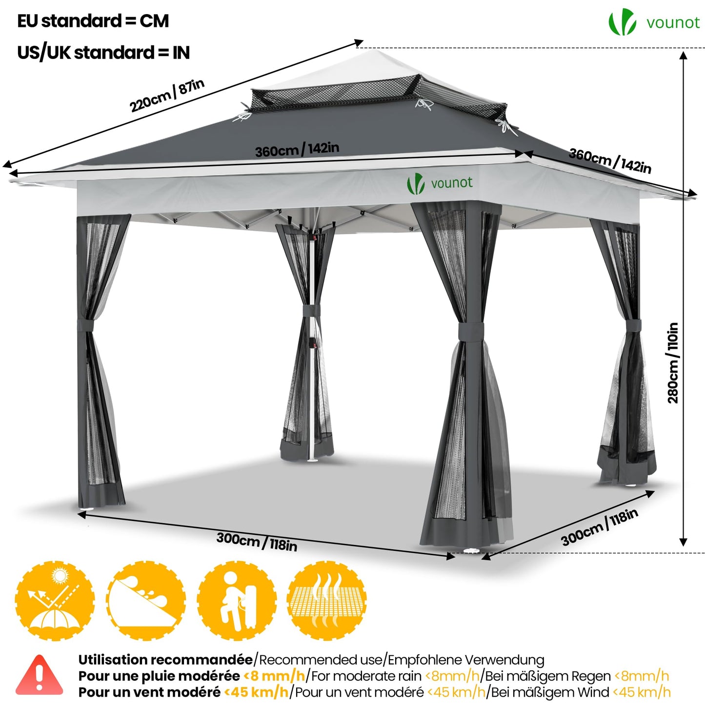 VOUNOT Pavillon Faltbar 3,6x3,6m, Pop Up Partyzelt mit Mesh Sides & Doppeldach, Faltpavillon Stabil mit Bein Gewichte & Roller Bag, Gartenpavillon Gartenzelt Grau