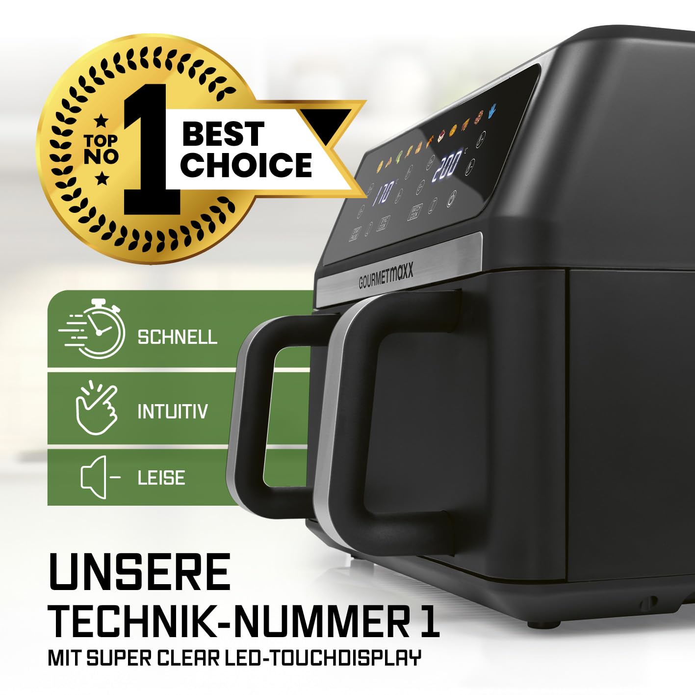 GOURMETmaxx Digitale Heißluftfritteuse 12 L, XXL-Edelstahl-Ofen | Airfryer + Timer, Touchdisplay, Drehspieß | fettarm, energiesparend frittieren | 10 Programme inkl. Pizza | 1800 W