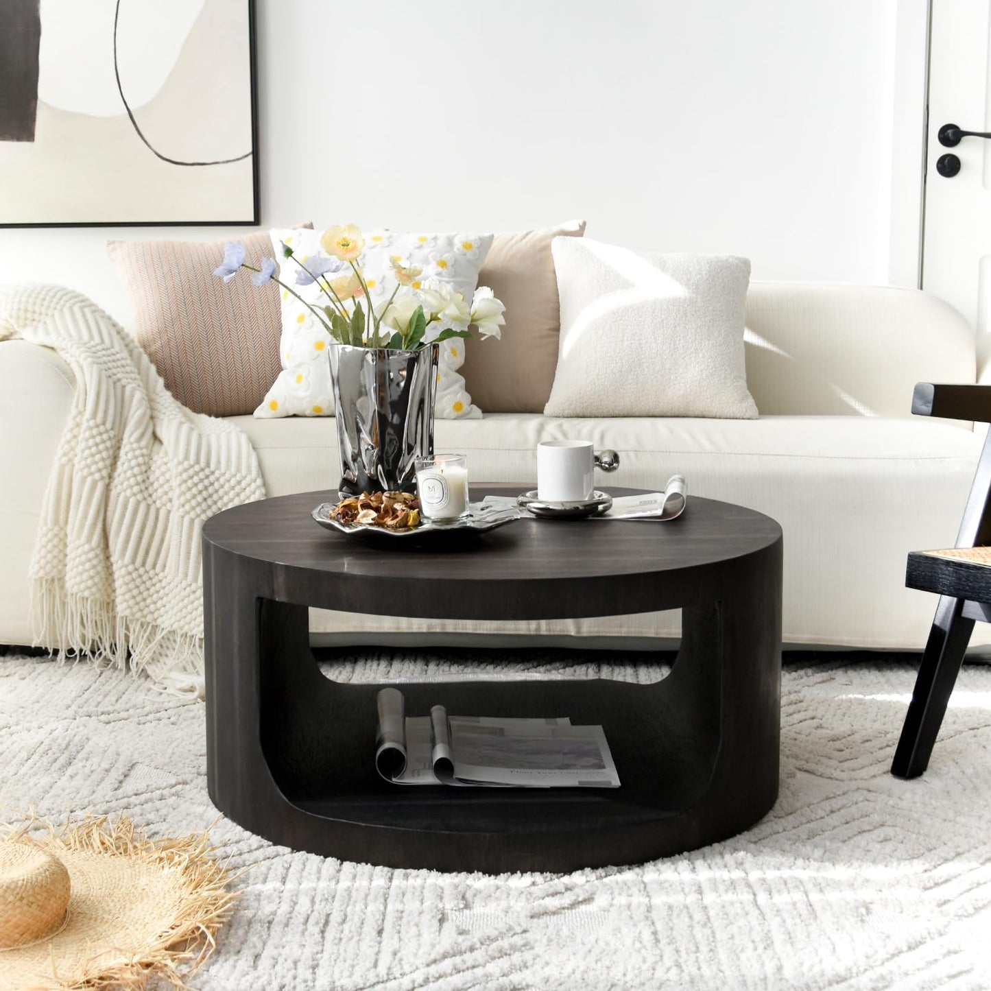 Round Wooden Coffee Table, Living Room Table with Large Storage Space, Coffee Table No Assembly Required, Modern Sofa Table for Living Room, Bedroom, Diameter 80 x 36 cm, Coffee Table (Black)