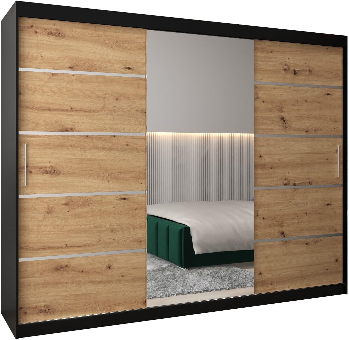 MEBLE KRYSPOL Verona 2, 250 cm Bedroom Wardrobe with Three Sliding Doors, Mirror, Clothes Rail and Shelves, 250 x 200 x 62 cm, Matt Black